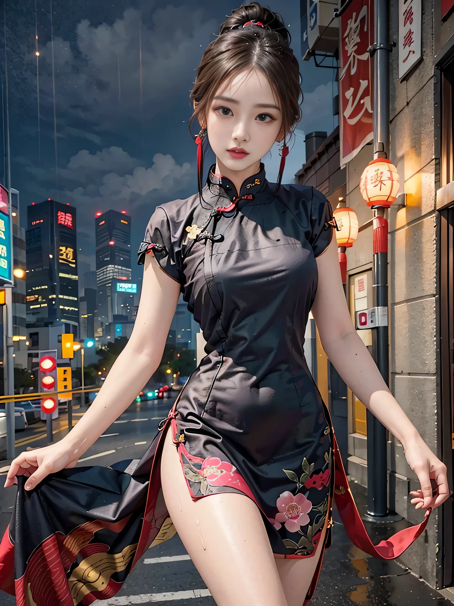 Random pose (极其精致beautiful作品), (masterpiece), 1 girl, (qipao dress: 1.7), (legs exposed: 1.7), (Pretty feet: 1.7), Lovely, Willow Yao, Slender legs, Very detailed, Casual posture of waist, (极其精致beautiful作品), (masterpiece), 1 girl, (qipao dress: 1.7), (The legs are exposed: 1.7), (show feed: 1.7), Lovely, narrow waiting, The legs are very thin, Very detailed, Waiting for leaks, ponytail traffic, Enhance expression, beautiful and Clear Eyes, Green eye pupils, exquisite necklace, exquisite earrings, simple blurr background, extremely detailed description, beautiful, charming, super fine painting, delicate face, Exquisite figure, Delicate collarbone, romantic lips, beautiful breaks, Soft back, (8k, original photo, best quality) masterpiece: 1.2), (actual, Photorealistic: 1.37), 1 girl, Lovely, beach, night, rain, wet, professional lighting, photo mapping, radio city