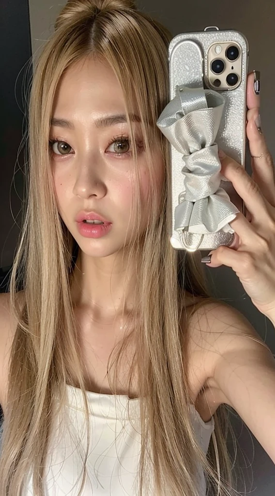 there is a girl that is taking a selfie with her cell phone, roseanne park of blackpink, jossi of blackpink, blackpink jennie, lalisa manobal, lalisa manoban of blackpink, with white long hair, white hime cut hairstyle, iphone selfie, the hime cut, her hair is white, shikamimi, cl, eva elfie