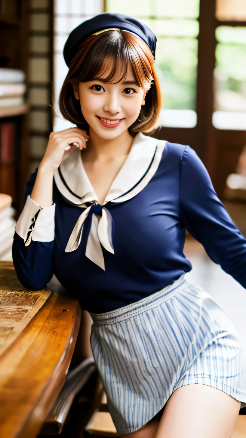 (realistic, photo-realistic:1.4), (extremely detailed 8k wallpaper), bokeh, detailed beautiful eyes and skin, (Image from thighs to head:1.3), ultra res, (Japanese idol:1.4), 25yo, beautiful woman, smile, large breast, Navy blue A-line skirt with a striped blouse, Playful, Soft indoor lighting, Vintage bookstore,