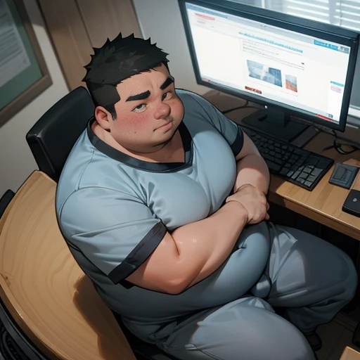 A middle-aged fat man is staring at a computer and breathing heavily, grab your crotch from above your panties, Wear a light gray dirty sweatsuit, short black hair, (obesity: 1.0), 30 years old, Otaku-like, wear a light gray sweatsuit, shy, Sitting in front of a computer screen, Directly opposite, In a dusty private room, casual thin hair, Thick neck and fatty round face, sweating, alone, Asian,