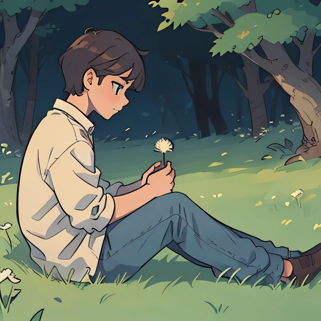 side view illustration of a boy sitting in grass, holding a dandelion in his hand, detailed hands non disfigured