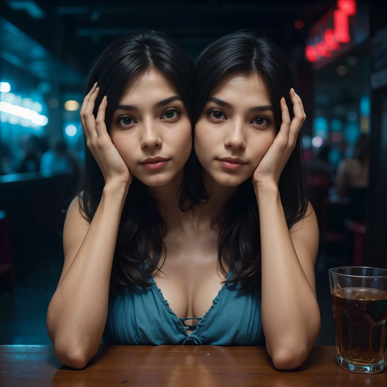 best resolution, (two_heads:1.2), Venezuelan woman with two heads, 21 years old, tan skin, youthful, wearing a dress, sitting at a restaurant table, staring at viewer