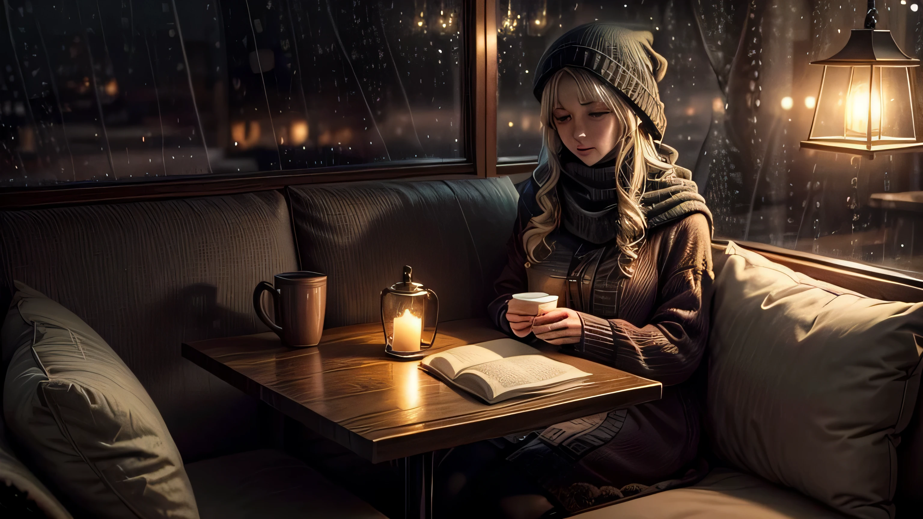 coffee shop with a raining outside and sofa chairs, book, cozy place, warm beautiful scene, cozy atmospheric, cozy environment, cozy setting, winter setting, cosy enchanted scene, very realistic, cozy atmosphere, cozy and peaceful atmosphere, cozy and calm, beautiful detailed scene, raining time, very very realistic, ✨🕌🌙, cozy wallpaper, unreal engine ; romantic theme