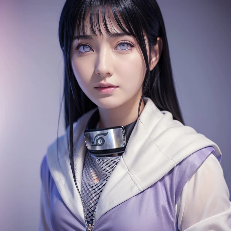 (highest quality,super detailed,realistic:1.37),Naruto's Hinata,beautiful and fine eyes,Soft facial features,porcelain skin,long silky black hair,slightly bigger breasts,tightly tied forehead protector,calm expression,casual clothes,white and lavender color palette,Subtle shading and highlight effects,Dynamic and vivid background,studio lighting,artistic rendering style,Bright colors,Castle town in the background,Pose that emphasizes the chest,