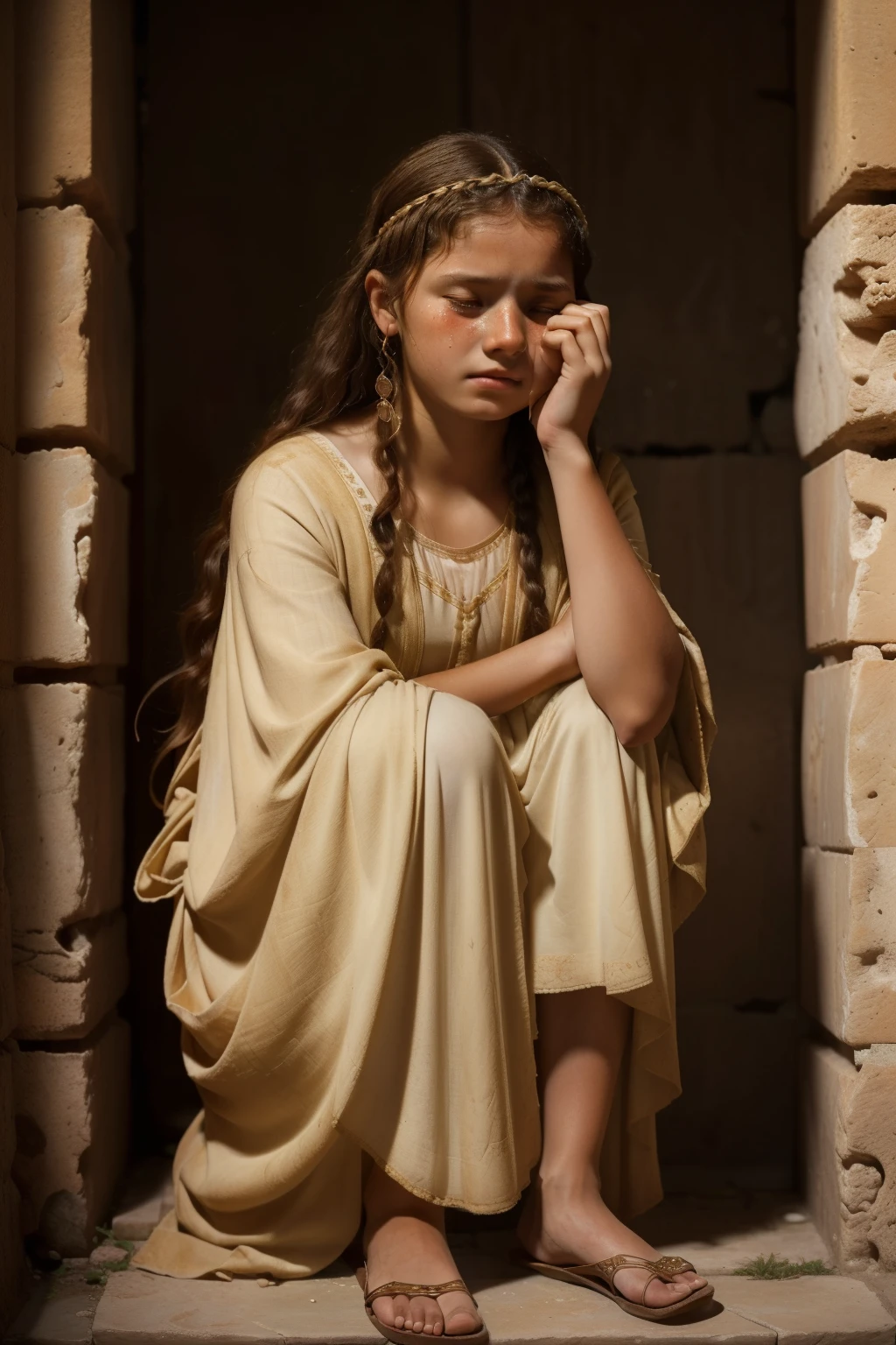 Rome, 77 BC. A young ((((15-year-old)) Cornelia Cinna)), at home, ((teary eyes, tears running down her face, unconsolable crying)). ((((roman clothings from the 1st century BC))))