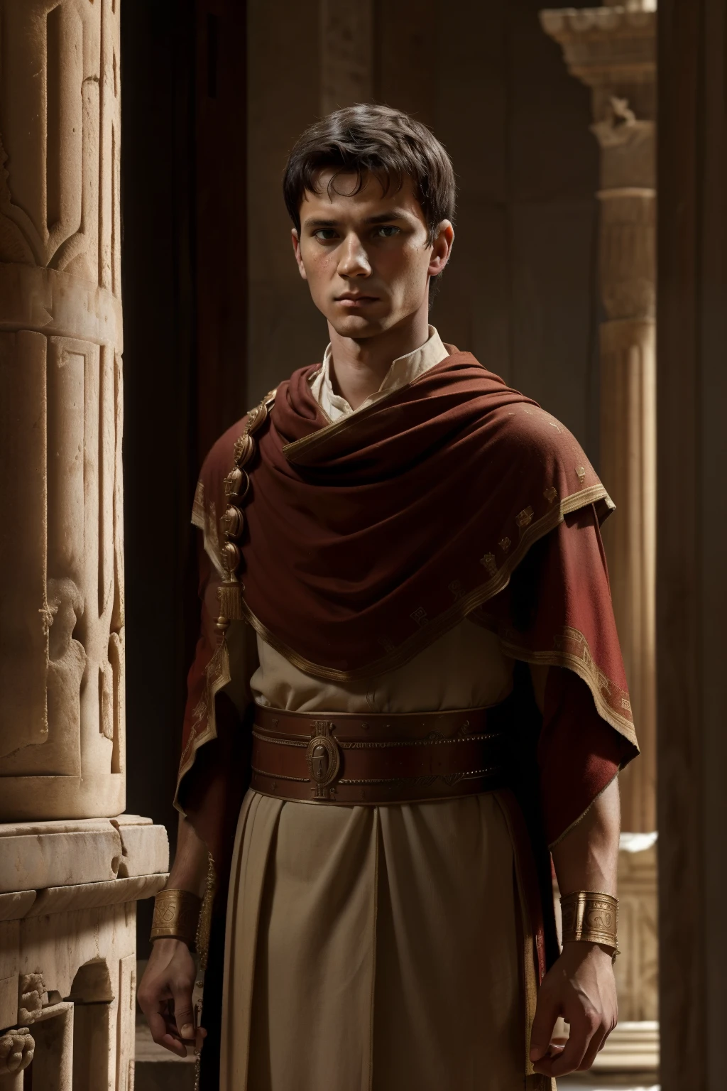 Rome, 77 BC. A young ((((18-year-old)) Julius Caesar)), in a mansion, ((cold, determined expression)). ((((roman clothings from the 1st century BC))))