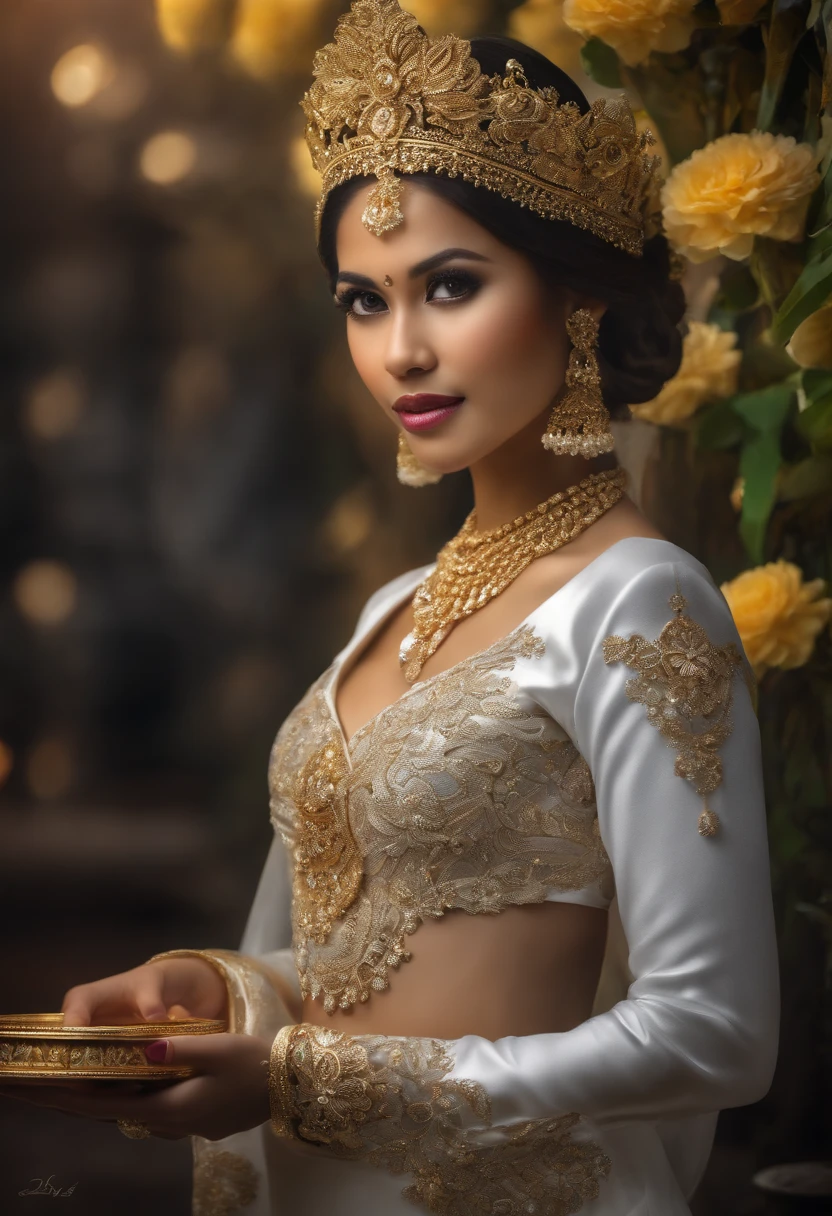 (best quality,highres,realistic:1.2),HDR,portrait,beautiful Balinese girl (1girl:1.1) in her 20s, wearing a silver headpiece, (traditional,exquisite) white kebaya, adorned with golden flowers, (modern,stunningly) braided hair, wearing high-heeled sandals, holding a (silver,golden) tray