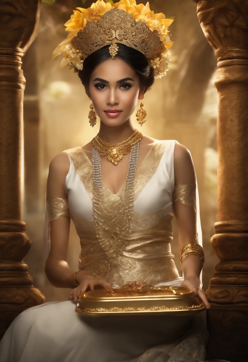 (best quality,highres,realistic:1.2),HDR,portrait,beautiful Balinese girl (1girl:1.1) in her 20s, wearing a silver headpiece, (traditional,exquisite) white kebaya, adorned with golden flowers, (modern,stunningly) braided hair, wearing high-heeled sandals, holding a (silver,golden) tray