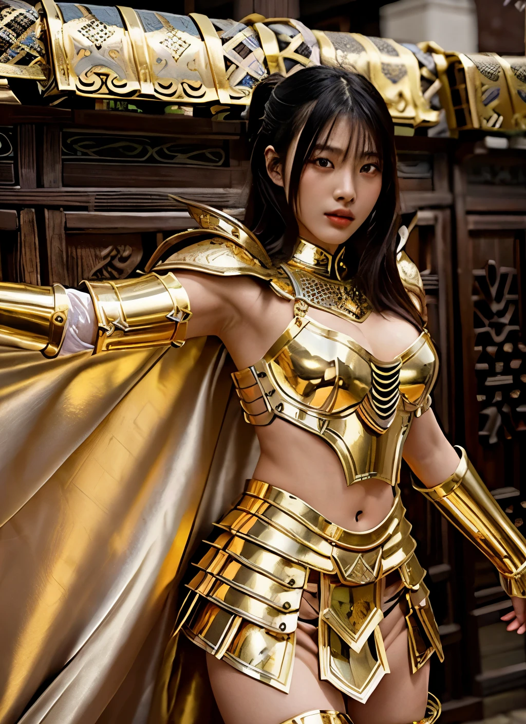 ultra‐realistic, sharp-focused, a beautiful  female knight, a model with ethnicity mix of Korean and Chinese, wearing sexy shiny gold armor in style of ancient Thai art, highly detailed and intricate armor, stacked shoulder armor, multi-piece metal skirt, partially nude breast, erected nipples, partially-visible black laced underwear, big deep purple cape, --v 4-