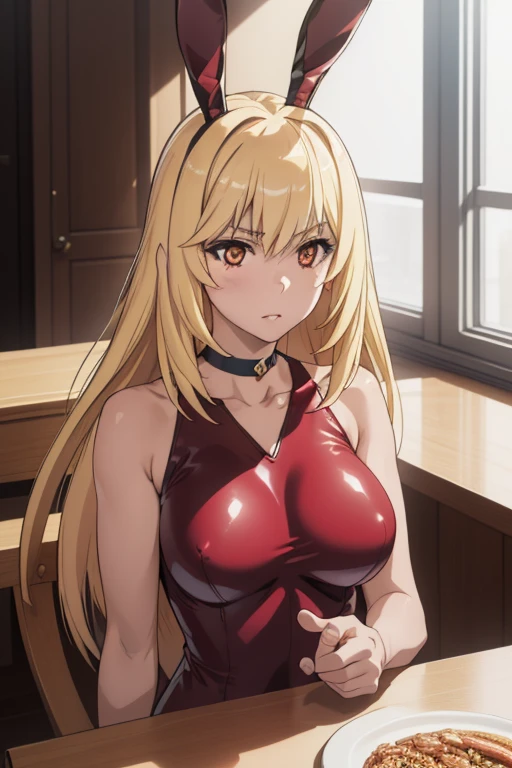 (masterpiece, best quality:1.2), 1girl, blonde hair, large breasts, choker, bunny ears, Red playboy suit, upper body, indoors, lights, Sit, (perfect detailed anatomy, beautiful detailed face&eyes:1.5, shiny skin, perfect sharp body)