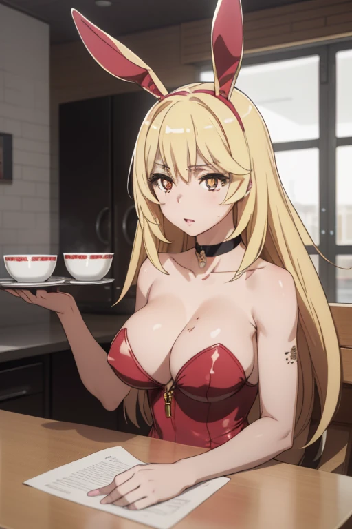 (masterpiece, best quality:1.2), 1girl, blonde hair, large breasts, choker, bunny ears, Red playboy suit, upper body, indoors, lights, Sit, (perfect detailed anatomy, beautiful detailed face&eyes:1.5, shiny skin, perfect sharp body)
