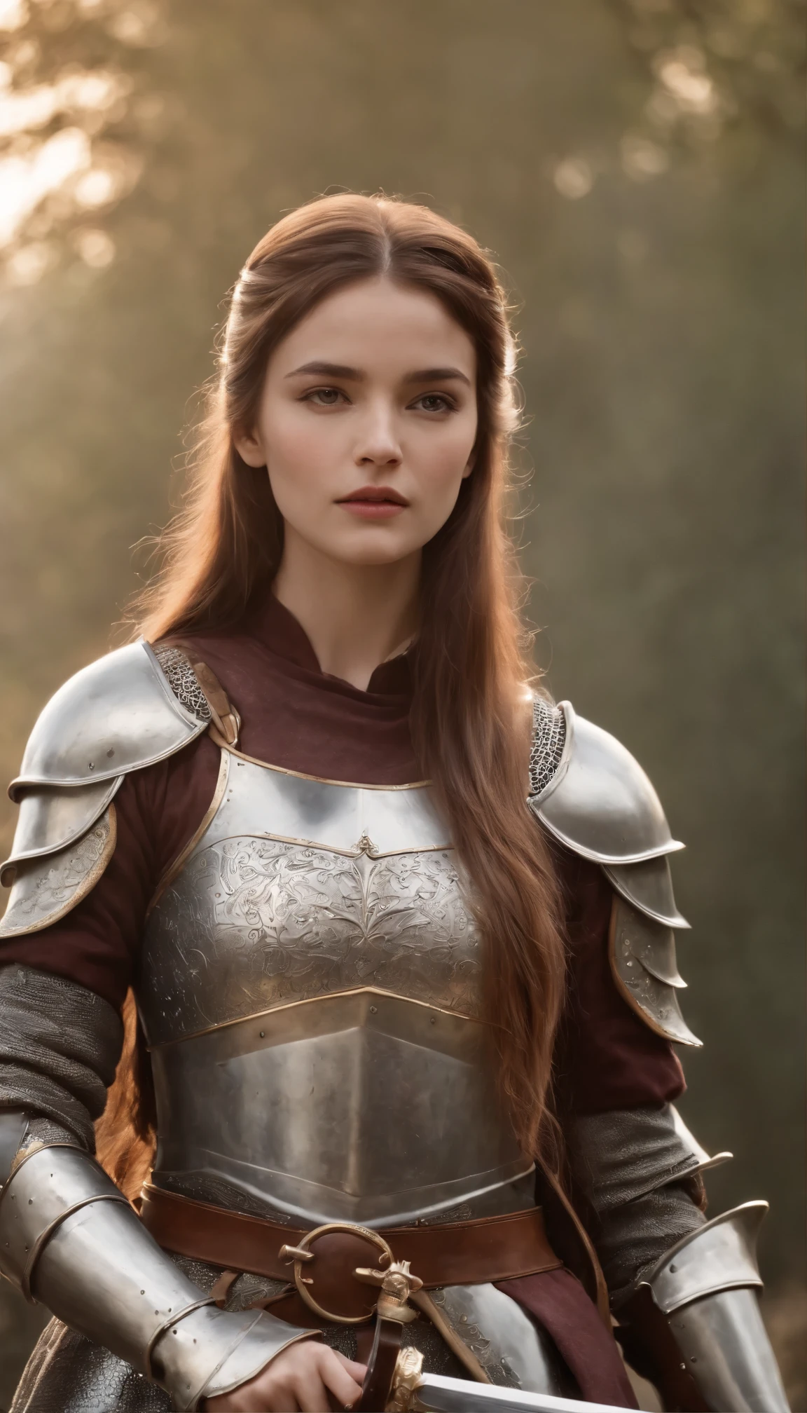 top-quality、Beautiful knight woman、Female knight 、crusader armor、Fantasia、full bodyesbian、holds a sword、magnificent view, long  hair、
