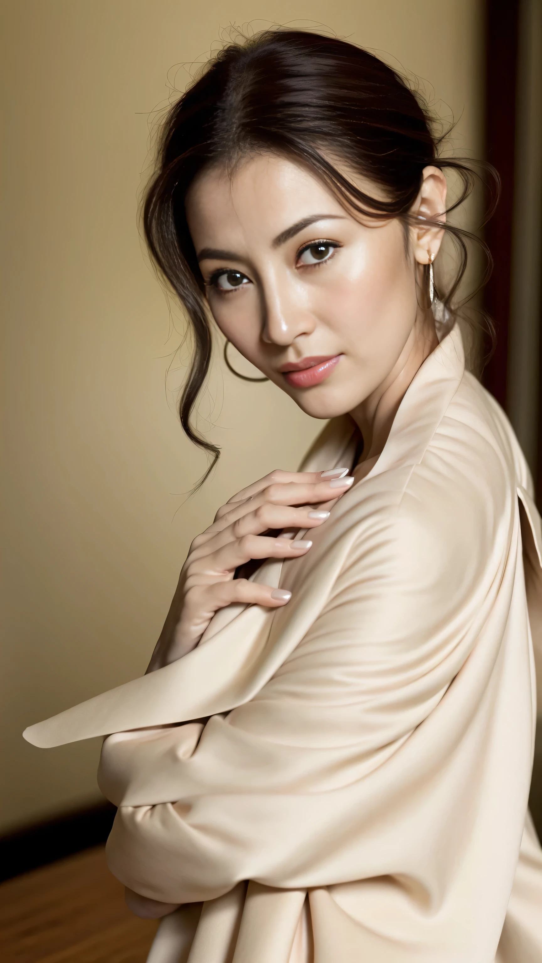 a mature actress, gravure printing, bright environment, (((sharpen))), (((hide your hands behind your back))), Surrealism, {{{on the table}}}, {{{best quality}}}, {{super detailed}}, {{extremely delicate and beautiful}}, Eyes are moist, Very detailed, ((natural skin color)), fancy makeup, red lipstick, ((milf)), ((hide your hands behind your back)), milf, ((on the table)), top quality, High level of image quality,16k, (The focus is on the chest), (a sexy girl), ((staring at this)),