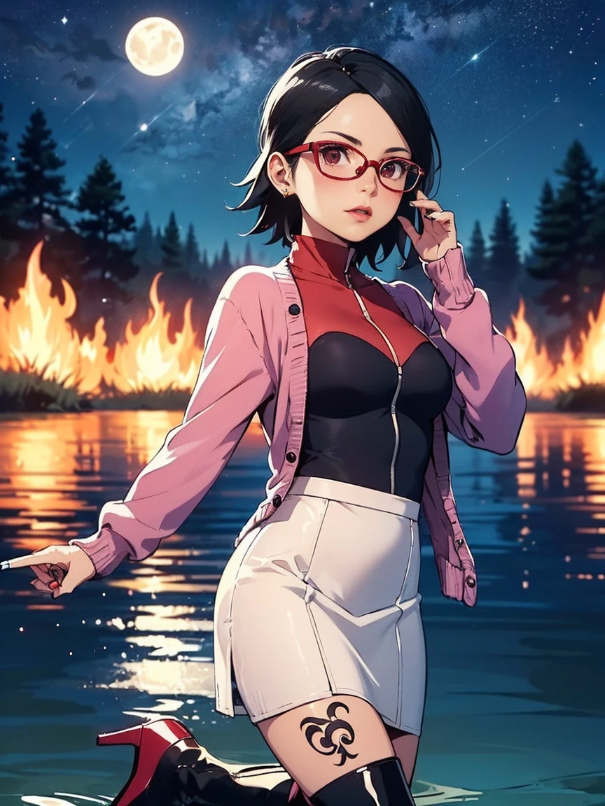 ((Sarada Uchiha is with tattoos and wearing high heeled boots, a pencil white skirt, dark pink high neck bodysuit, cardigan, glasses)). Parading over the water of a lake in a burning forest with a starry sky and a crescent moon. reflection. purple flames. red lipstick. Gold jewelry.