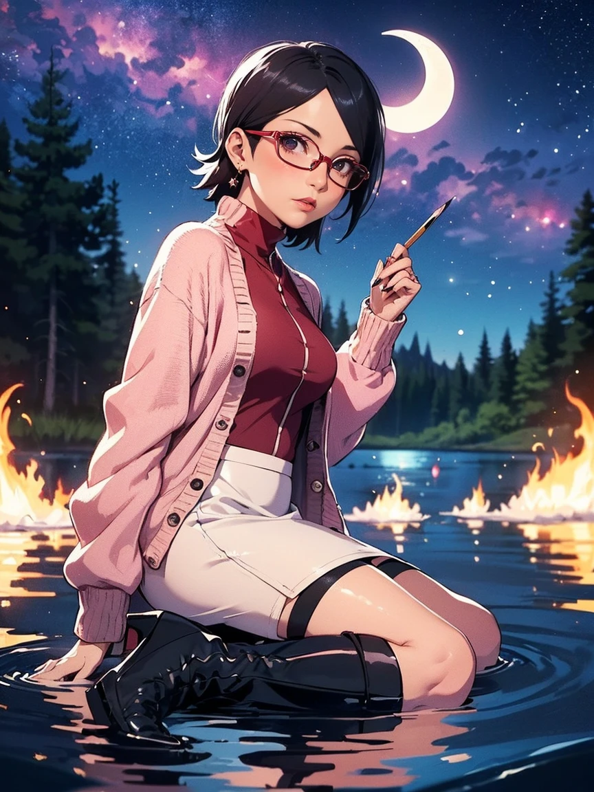 ((Sarada Uchiha is with tattoos and wearing high heeled boots, a pencil white skirt, dark pink high neck bodysuit, cardigan, glasses)). Parading over the water of a lake in a burning forest with a starry sky and a crescent moon. reflection. purple flames. red lipstick. Gold jewelry.