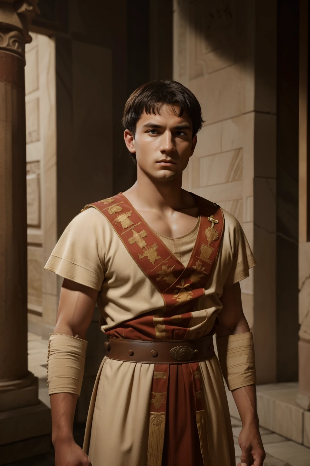 Rome, 77 BC. A young ((((18-year-old)) Julius Caesar)), flamen dialis, apex in his head, in a mansion, ((cold, determined expression)). ((((roman clothings from the 1st century BC))))