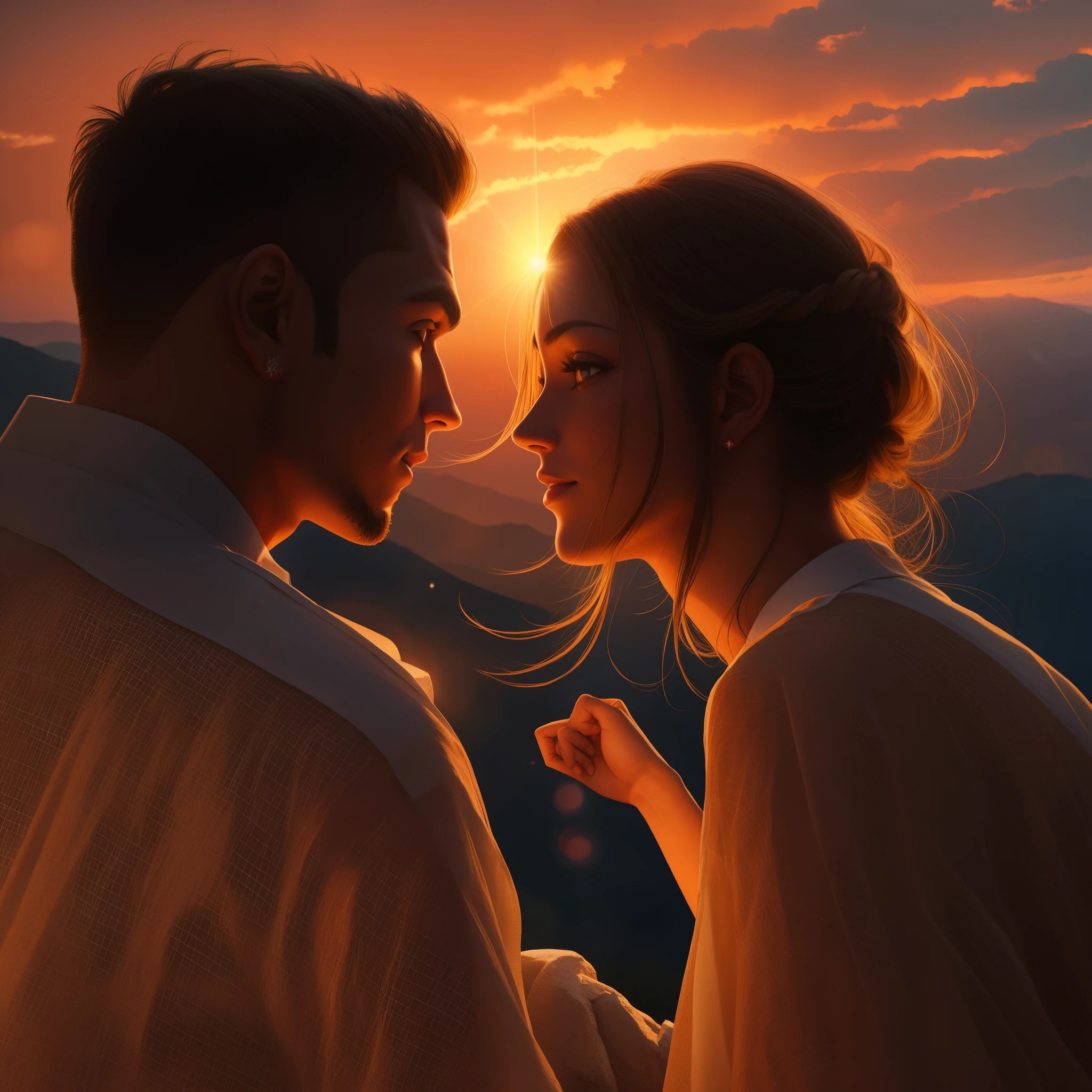 fazer a silueta de um casal de namorados, no alto de um monte, a noite chegando e com o sol se pondo ao fundo, The streaks promise to shine in the sky,  cinematic picture, striking light effects with the last rays of the setting sun, pintura super realista, 8k, obra prima.