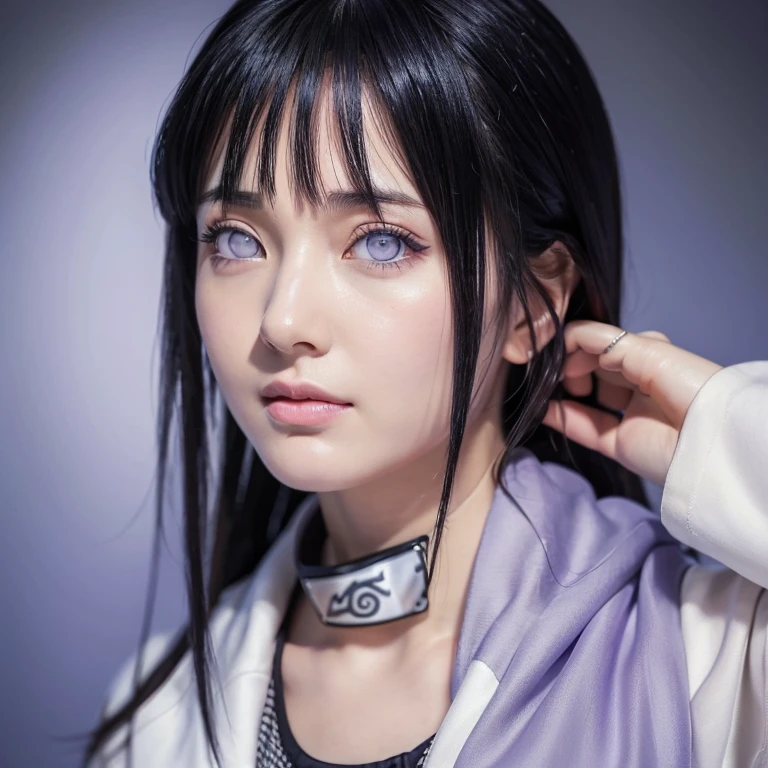 (highest quality,super detailed,realistic:1.37),Naruto's Hinata,beautiful and fine eyes,Soft facial features,porcelain skin,long silky black hair,slightly bigger breasts,tightly tied forehead protector,calm expression,casual clothes,white and lavender color palette,Subtle shading and highlight effects,Dynamic and vivid background,studio lighting,artistic rendering style,Bright colors,Castle town in the background,Pose that emphasizes the buttocks,