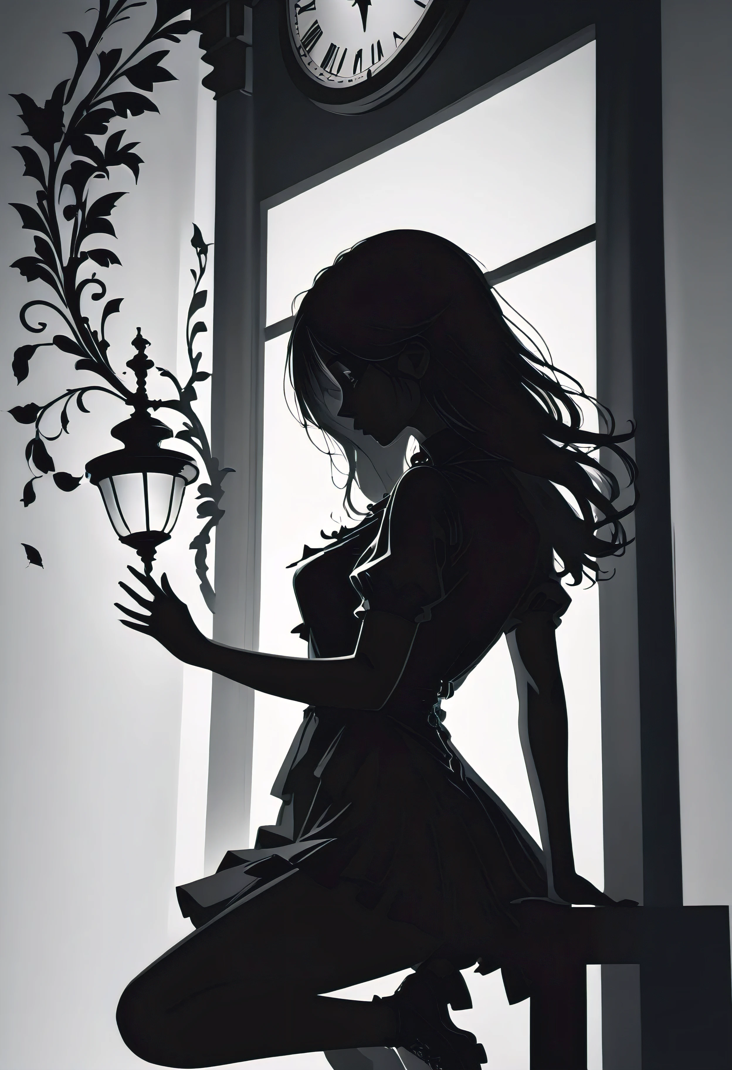 (Masterpiece in maximum 16K resolution:1.6), ((darkest_insane_silhouette_illustration):1.2),(intricate detail:1.4), (extremely insane detail:1.4),(highest quality:1.3),(Hyper_realistic:1.3). | Black and white, silhoutte art, female figure, elegant pose, flowing hair, graceful curves, subtle details, minimalistic background, soft lighting, delicate features, captivating composition, expressive eyes, slender silhouette, artistic interpretation. | ((silhoutte_of_pretty_girl_waiting under a clock):1.5), ((waiting pose):1.2), falling flower petals background, each flower petals detailed and rendered with a masterful gouache technique, silhoutte art behance,surreal, It gives a romantic aura. | (perfect_fingers:1.0), (perfect_legs:1.0), better_hands, More_Detail.