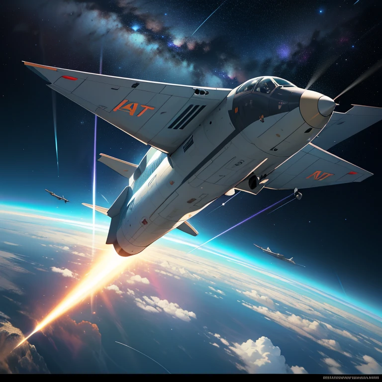 Cinematic Still of a UTair Boeing Plane Defying Gravity in Space (Best Quality, 4k, 8K, high resolution, Masterpiece: 1.2), grandiose background of infinite black space, Boeing plane with UTair logo shining, metallic body reflecting stars, pilots in uniforms looking amazed, windows showing galaxies far away, wings spread wide in zero gravity, propellers rotating steadily, side view, sleek design emphasized by weightlessness.