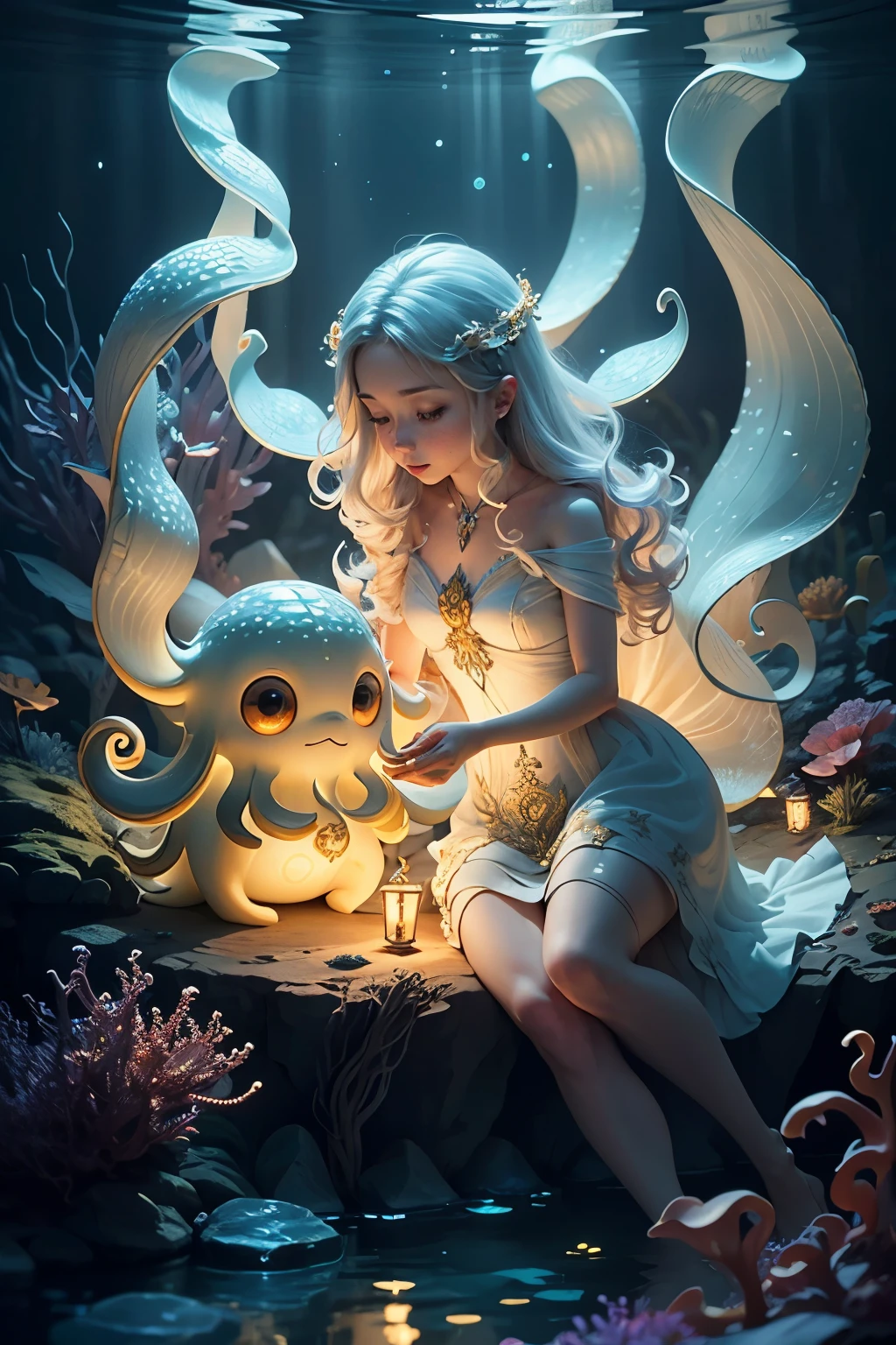 Beneath the tranquil waters of the ocean, two enchanting octopuses gracefully move about, their translucent bodies rendered as captivating luminous 3D objects. The golden sunrays filter through the crystal-clear water, casting ethereal details on their undulating tissues. With every subtle movement they make, their glowing lights flicker and dance, painting a fairytale-esque luminescent scene.

Employing the power of CryEngine, this digital masterpiece showcases delicate lines and exquisite texture, drawing you into an underwater world filled with wonder and magic. The intricacies of the octopuses' tentacles are brought to life in