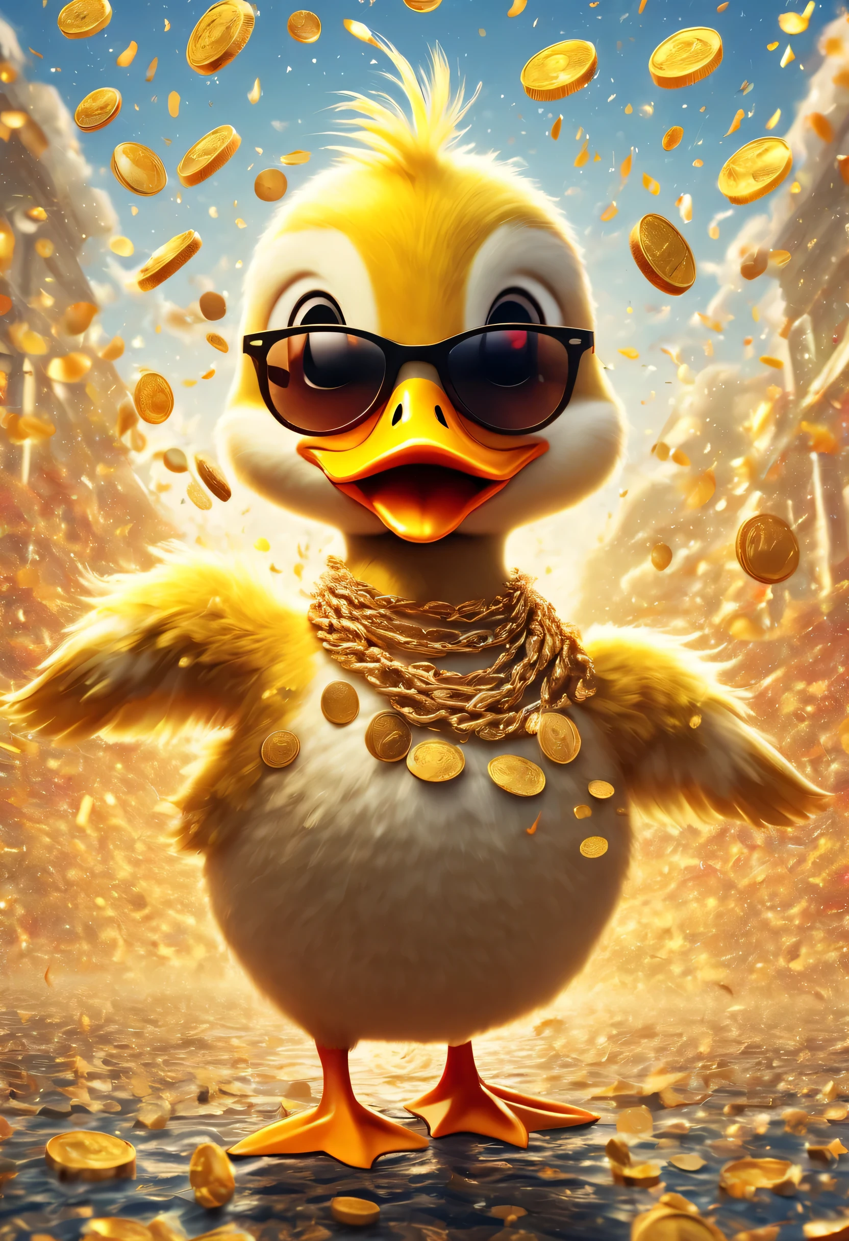 Happy Duck，big gold chain，sunglasses，exaggerated expression，exaggerated movements，big furry head，hairy body，sharp claws。Wow...There are many gold coins in the sky，Red and gold confetti flying in the sky，Gold coin rain，cornucopia，A strong festive atmosphere，Very lively。symmetry