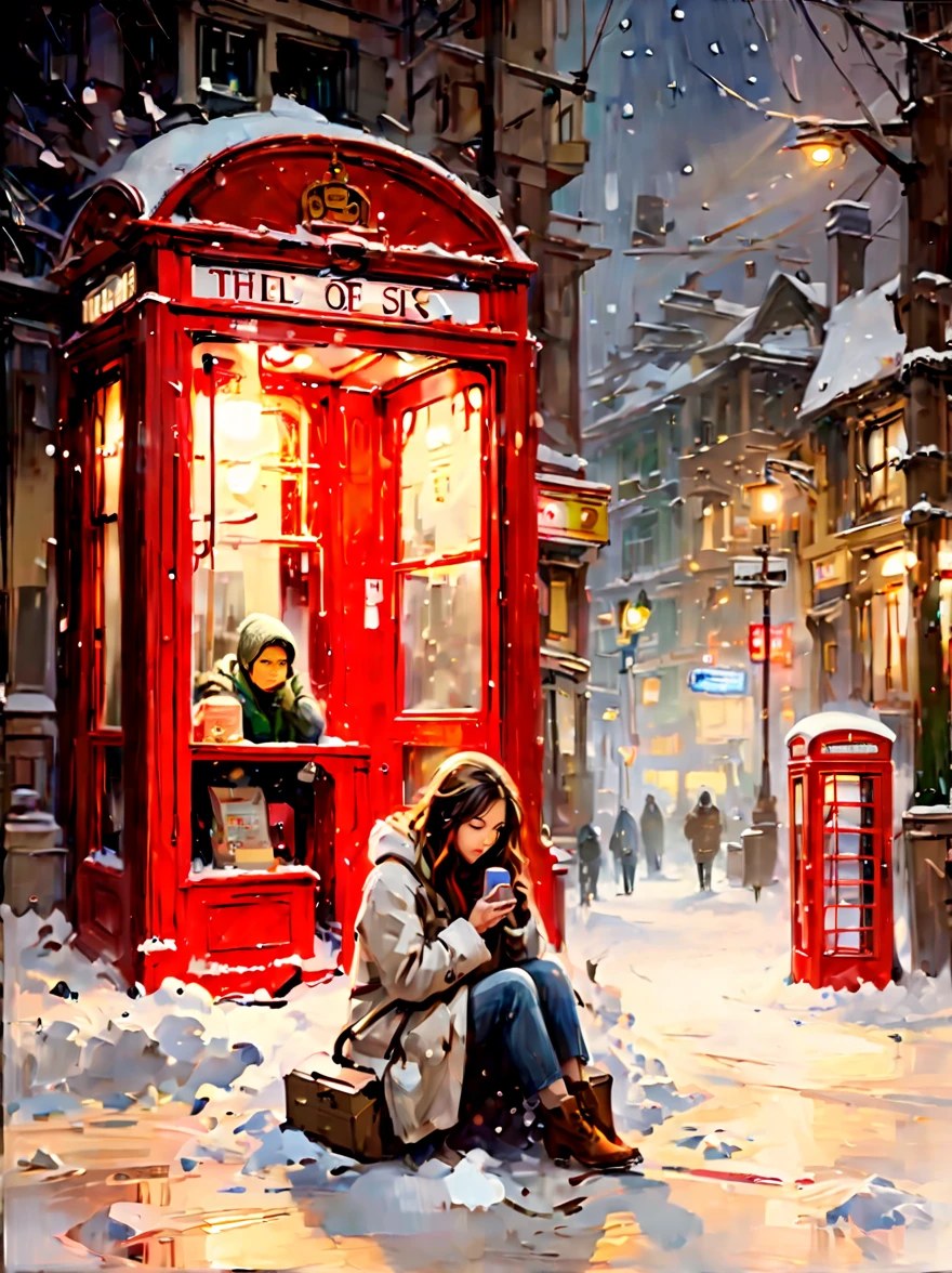 Midwinter，heavy snowfall，Everything is covered in snow and ice。street corner，A phone booth，((A beautiful girl squatting on the ground，Jumpy，Waiting anxiously alone))，This scene captures the cold white blanket of snow combined with the warmth emanating from the phone booth、The contrast between the rays of hope，(Highlighting the girl&#39;s loneliness and waiting in this quiet and somber winter landscape)，(medium shot:1.5), (8k)，Pierre Bonnard Style - Pierre Bonnard, Scene painting, Oil painting in the style of Pierre Bonnard