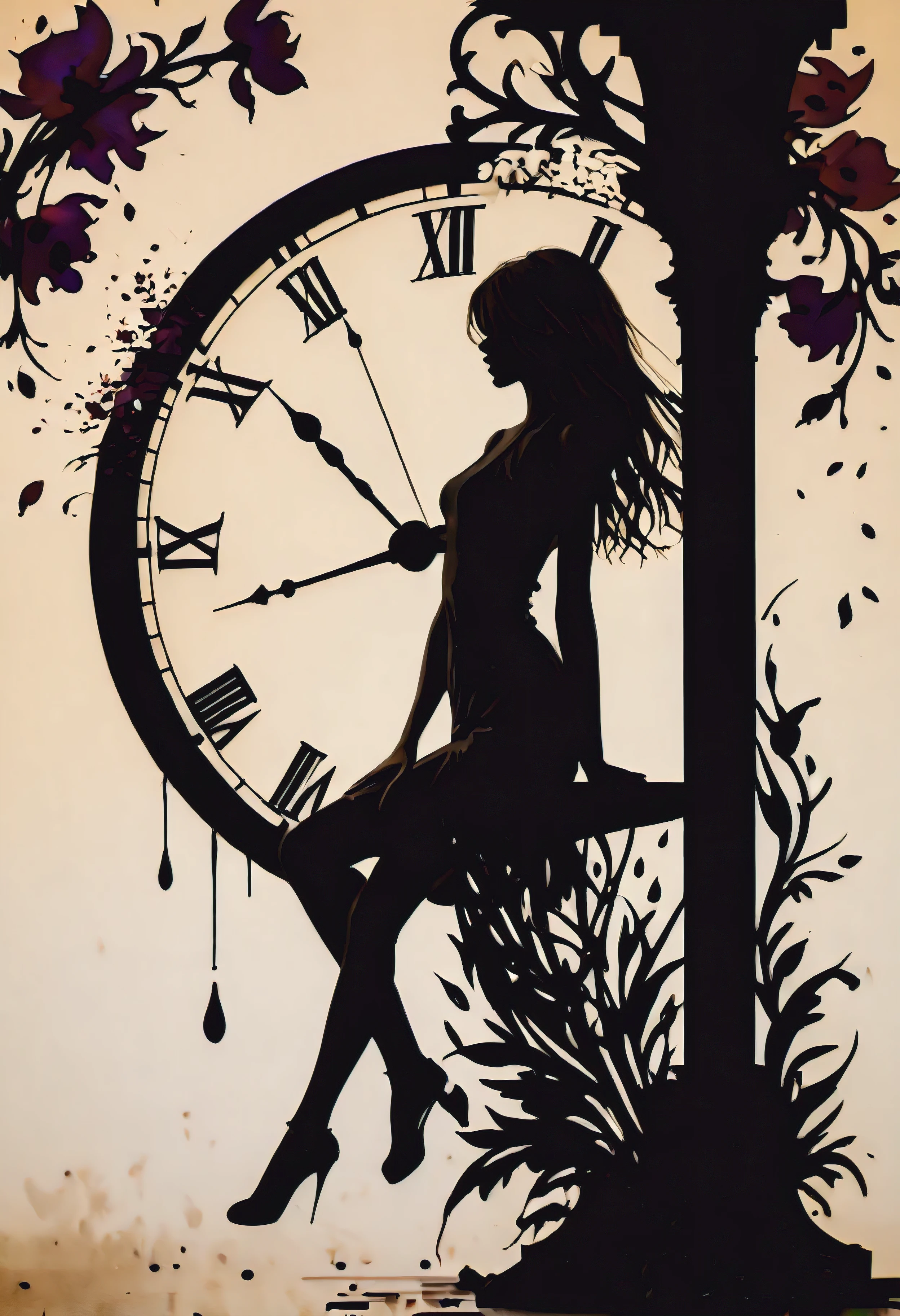 (Masterpiece in maximum 16K resolution:1.6), ((darkest_insane_silhouette_illustration):1.2),(intricate detail:1.4), (extremely insane detail:1.4),(highest quality:1.3),(Hyper_realistic:1.3). | Black and white, silhoutte art, female figure, elegant pose, flowing hair, graceful curves, subtle details, minimalistic background, soft lighting, delicate features, captivating composition, expressive eyes, slender silhouette, artistic interpretation. | ((silhoutte_of_pretty_girl_waiting under a clock):1.5), ((waiting pose):1.2), ((withered flower background):1.1), each flower detailed and rendered with a masterful gouache technique, silhoutte art behance,surreal, It gives a romantic aura. | (perfect_fingers:1.0), (perfect_legs:1.0), better_hands, More_Detail.