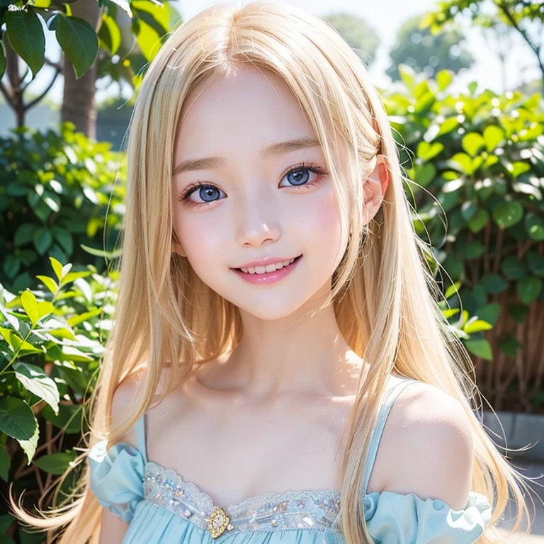 one very beautiful cute young girl、s old、((very happy smile ))、Embarrassed blush、Beautiful very long shiny blonde straight hair with golden shine、Shiny and very beautiful pure white skin、Very beautiful and cute pale blue detailed eyes、shiny skin、 Very beautiful cute face、Beautiful cute bright look、Clear double eyelids、beautiful cute big eyes、A perfectly balanced face