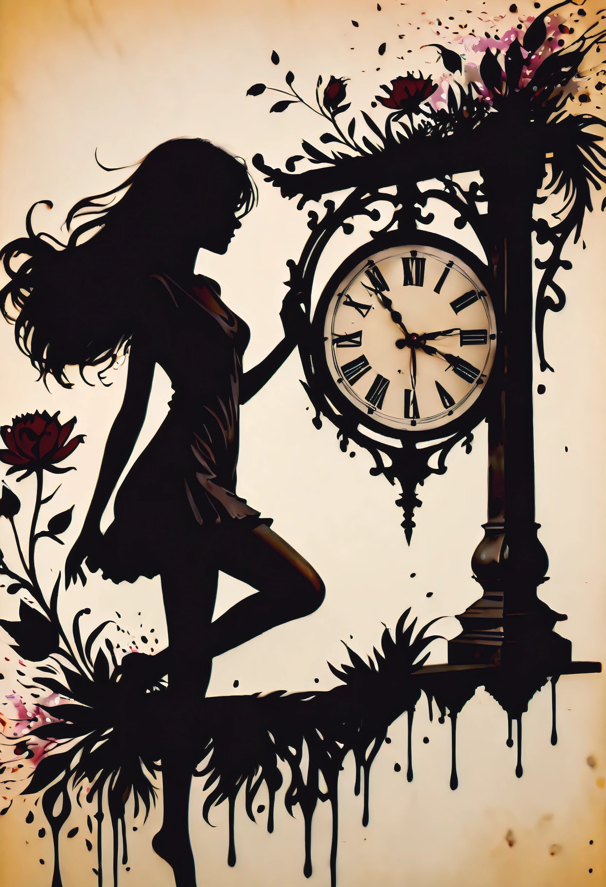 (Masterpiece in maximum 16K resolution:1.6), ((darkest_insane_silhouette_illustration):1.2),(intricate detail:1.4), (extremely insane detail:1.4),(highest quality:1.3),(Hyper_realistic:1.3). | Black and white, silhoutte art, female figure, elegant pose, flowing hair, graceful curves, subtle details, minimalistic background, soft lighting, delicate features, captivating composition, expressive eyes, slender silhouette, artistic interpretation. | ((silhoutte_of_pretty_girl_waiting under a clock):1.5), ((waiting pose):1.2), ((withered flower background):1.1), each flower detailed and rendered with a masterful gouache technique, silhoutte art behance,surreal, It gives a romantic aura. | (perfect_fingers:1.0), (perfect_legs:1.0), better_hands, More_Detail.