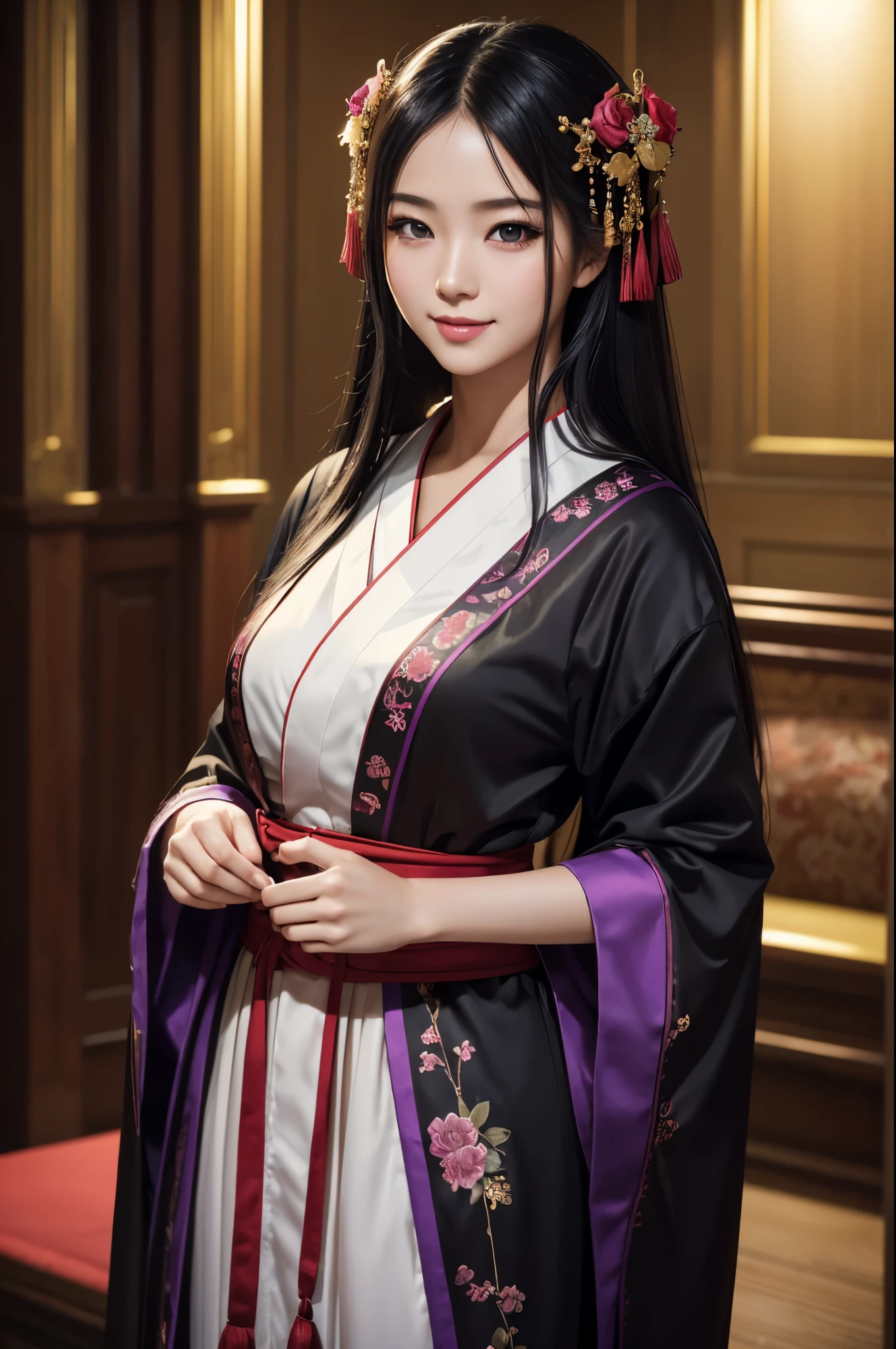 (8K,Photoreal　born写真　highest quality;1.4) 1 mature female,Super beautiful(lifelike face) ,(long black hair),Gorgeous Japanese women&#39;s traditional costumes,seduce the viewer,beautiful expression,moist black eyes,Queenのメイクアップ,(Queen),Charm,small breasts,Golden decoration,Super high resolution,surreal,high details,rich colors, Backlight, cinematic lighting, film grain, born, 50mm lens, Nikon D850,smile,Super realistic,highest qualityのフォトリアリスティックなRAW写真。Bright colors,perfect woman image,fantasy art,character art,background,A room in a big mansion,