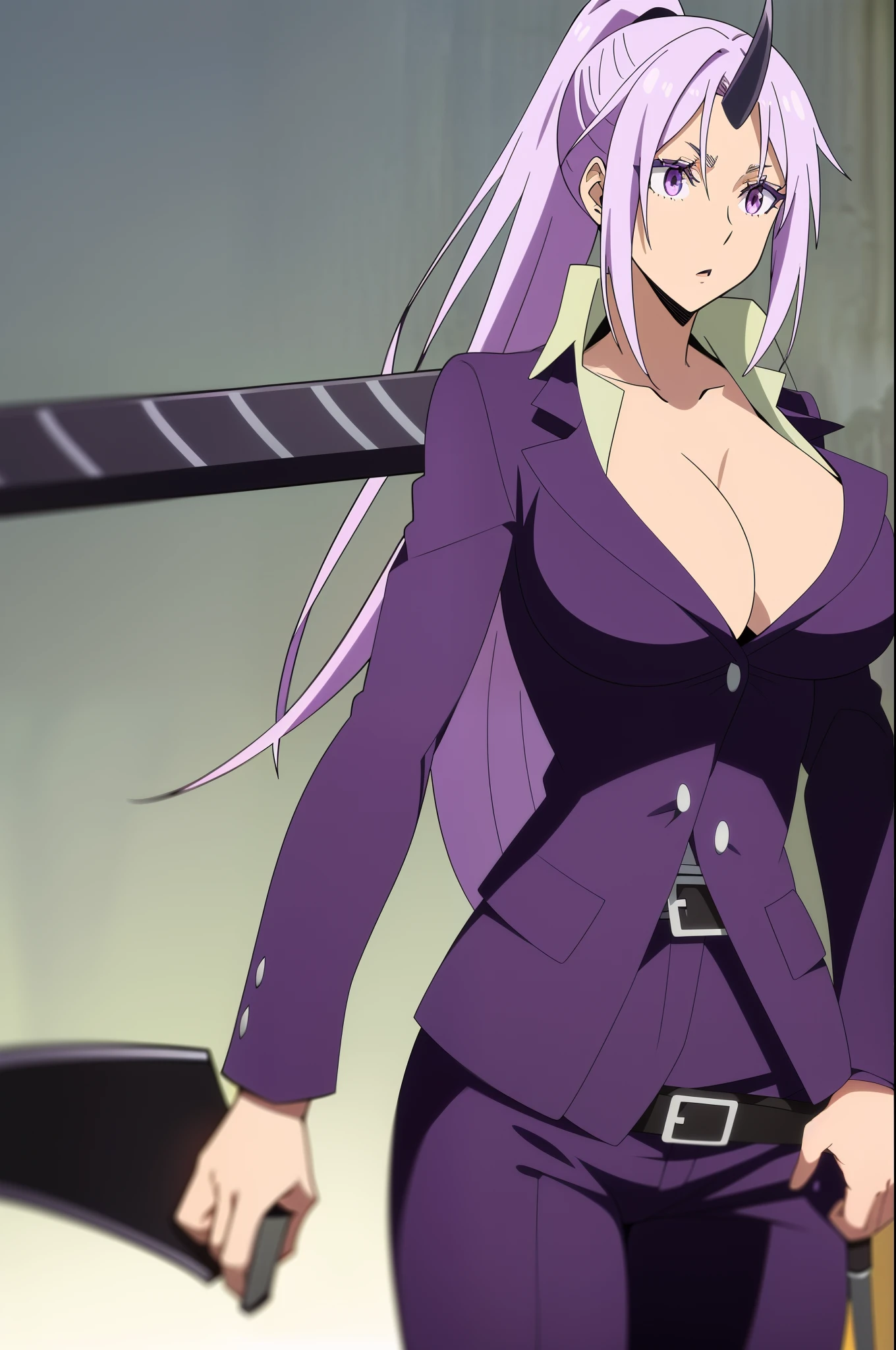 Shion
1 girl, belt, chest, cleavage, clavicle, holding, holding_sword, holding_arms, Horns, knife, big_chest, length_hair, Open_mouth, pants, ponytail, purple_eye, purple_hair, purple_Jacket, shirt, simple_background, single_Horn, alone, sword, very_length_hair, arms, white_background