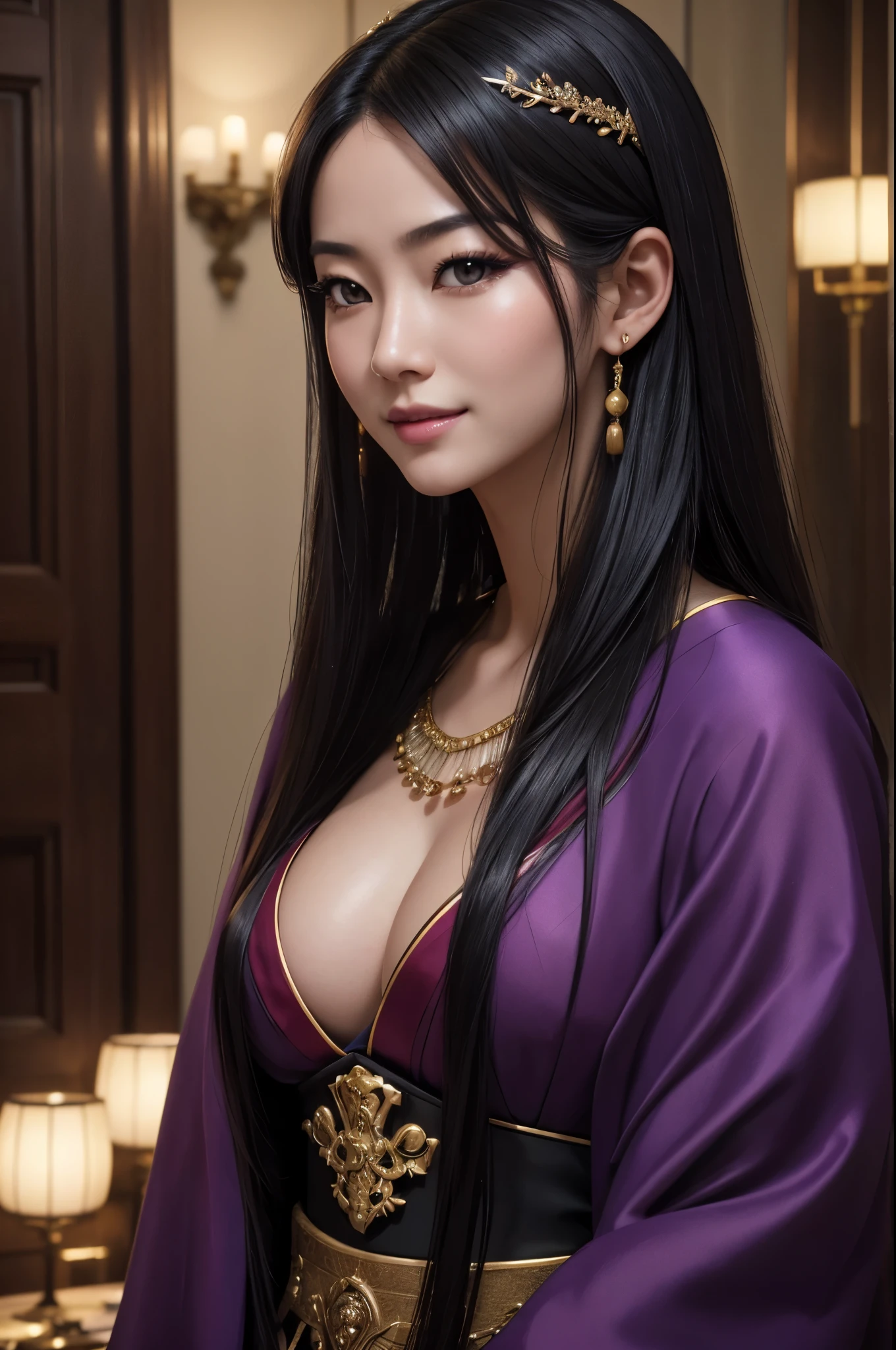 (8K,Photoreal born写真 highest quality;1.4) 1 mature female,Super beautiful(lifelike face) ,(long black hair),Gorgeous Japanese women's traditional costumes,seduce the viewer,beautiful expression,moist black eyes,purple and red makeup,(Queen),Charm,normal chest,Super high resolution,surreal,high details,rich colors, Backlight, cinematic lighting, film grain, born, 50mm lens, Nikon D850,smile,Super realistic,highest qualityのフォトリアリスティックなRAW写真。Bright colors,perfect woman image,fantasy art,character art,background,A room in a big mansion,