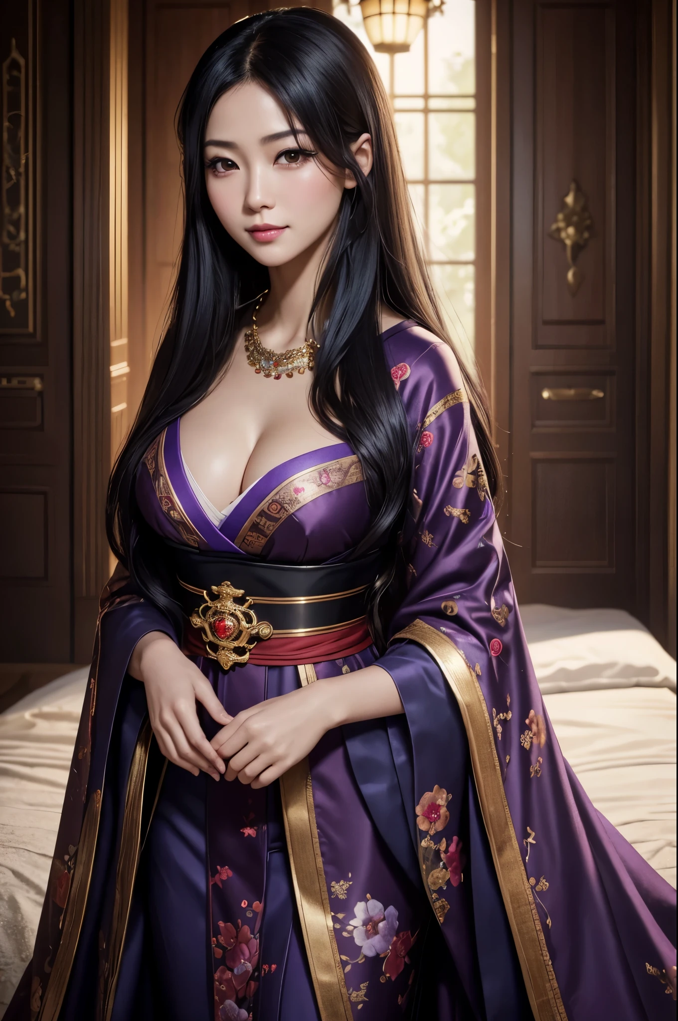 (8K,Photoreal born写真 highest quality;1.4) 1 mature female,Super beautiful(lifelike face) ,(long black hair),Gorgeous Japanese women's traditional costumes,seduce the viewer,beautiful expression,moist black eyes,purple and red makeup,(Queen),Charm,normal chest,Super high resolution,surreal,high details,rich colors, Backlight, cinematic lighting, film grain, born, 50mm lens, Nikon D850,smile,Super realistic,highest qualityのフォトリアリスティックなRAW写真。Bright colors,perfect woman image,fantasy art,character art,background,A room in a big mansion,