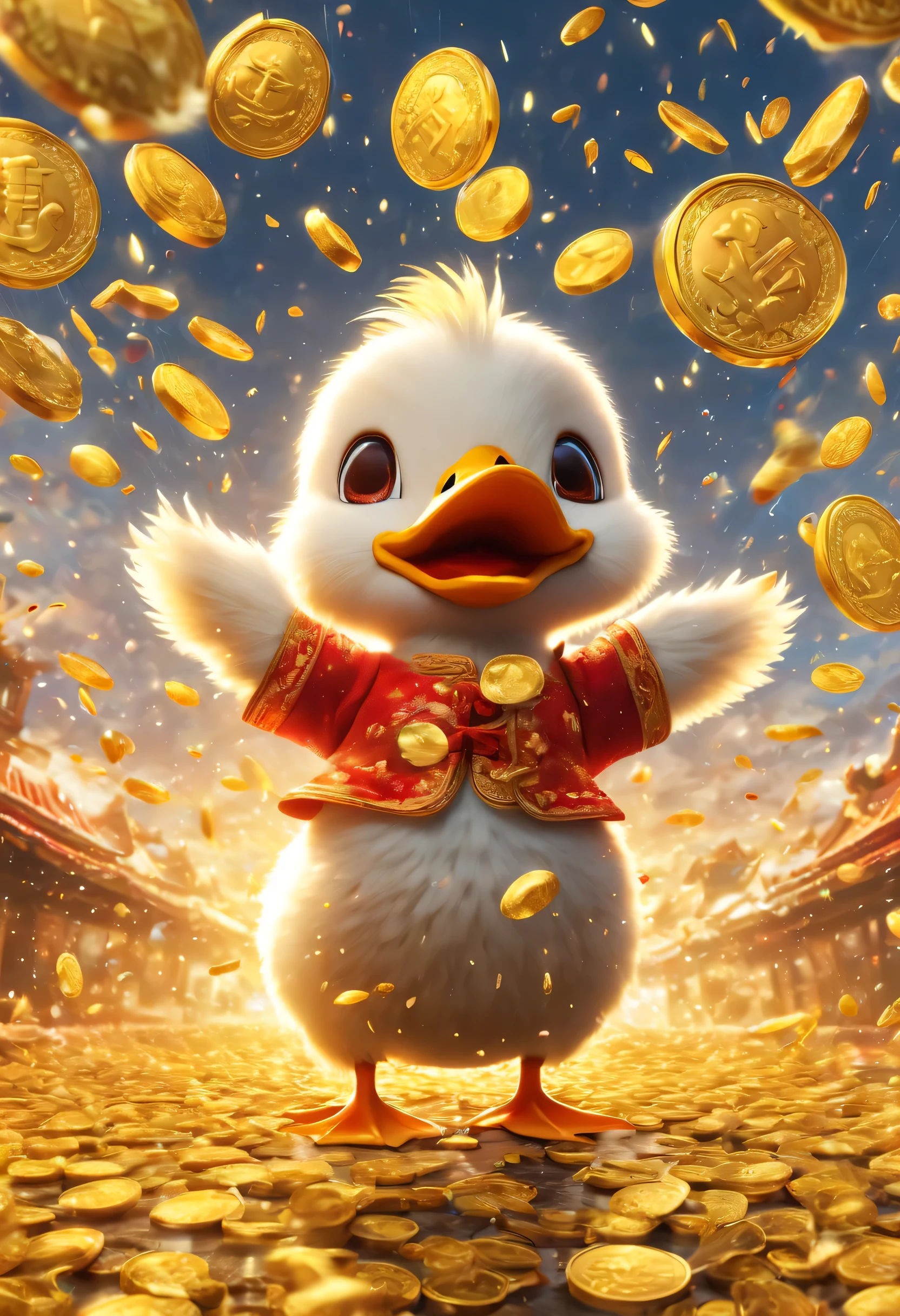 Happy Duck，big gold chain，exaggerated expression，exaggerated movements，big furry head，hairy body，sharp claws。Wow...There are many gold coins in the sky，Red and gold confetti flying in the sky，Gold coin rain，cornucopia，A strong festive atmosphere，Very lively。symmetry