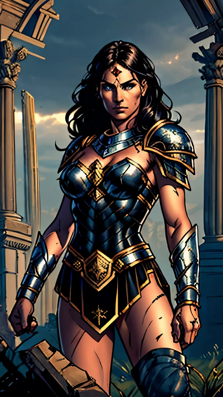 8k wallpaper，wounds on the body, blood on the body, ultra-detailed，rich details, sword wound on leg, blood on face, broken armor on chest, nipples visible, bare breasts, topless, combat pose , ultra transparent，8k, The best quality in the best of the cases.，metal belt, belt with the letter engraved as a buckle, tiara in front, silver bracelets, the best quality, MYSTIC, woman warrior, black and gold armor, Ancient Greek style armor, black hair, wavy hair, middle parting, athletic body, blue eyes, serious face,（（（sword in hand））），Greek ruins atmosphere, facing the audience，(((A withered battlefield， remains，Battlefiled，Old battlefield, （（night，dimly lit，Dark 1.3）），Composition of bust, shot frontal 