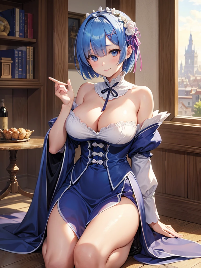 masterpiece、best quality、ultra detailed、 Realistic、Rem、Re:zero、blue hair、short hair、big breasts、18 year old girl、medieval europe cityscape、18-year-old girl aristocrat、Kneel down and look up from below to look at us、Depiction of short bob hair in beige long-sleeved thin dress、have big breasts々sexy pose、Smile、Describe the whole body、