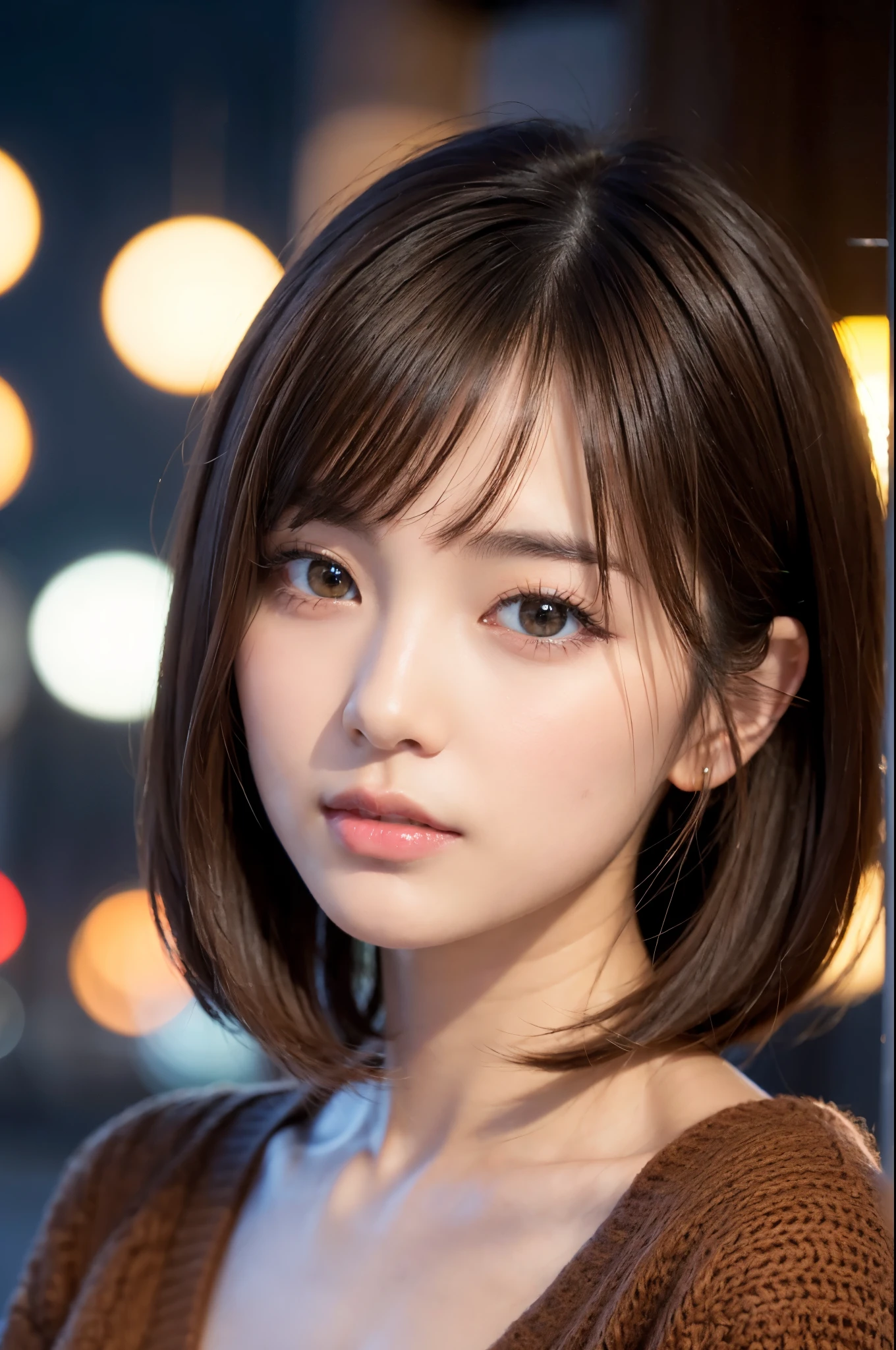 masterpiece、1 beautiful girl、Beautiful and realistic detailed eyes 、最high quality, 超High resolution, (reality: 1.4), Japanese super beautiful、beautiful skin、、(超reality的な)、(High resolution)、(8K)、(very detailed)、(beautiful fine eyes:1.3)、(Super detailed)、detailed face、bright lighting、professional lighting、looking at the viewer、look straight ahead、slanted bangs、night view、brown hair、Nogizaka idol actress、25 years old、 きめ細やかでHigh definitionな瞳にフォーカス A wide and deep background The background is the main theme knitted sweater ((Beautifully styled and stylish straight bob hair)) high resolution High definition high quality