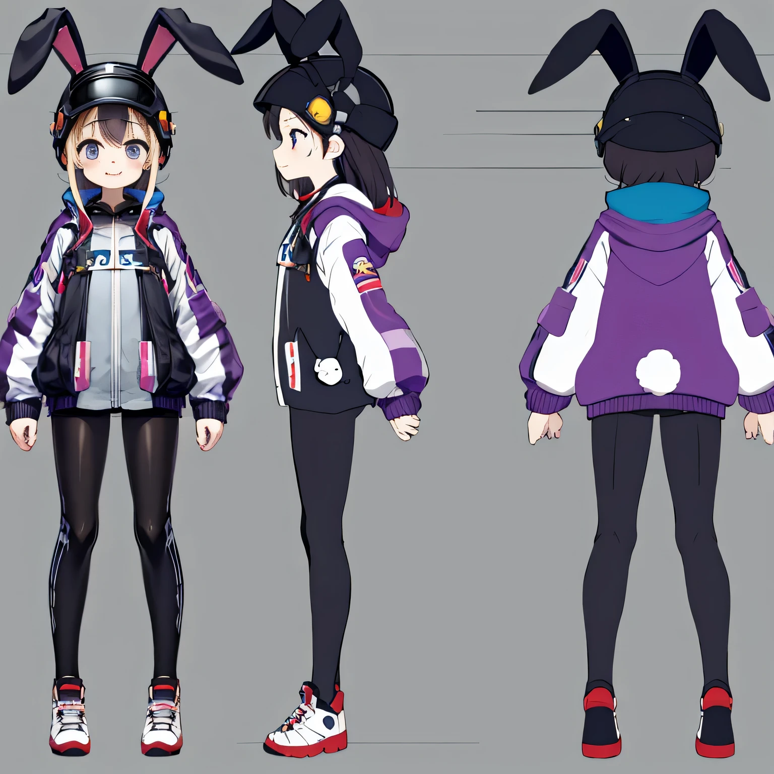 (table top, highest quality), character sheet,Design drawings,３Two angles,three views, character sheet、character reference,Images seen from the front and side,Chunky black and purple full-body rubber suit,riders jacket,cool woman,bicycle helmet,Looks cool on a bike,golden ratio face,Draw the face clearly,Full body drawing,small curved ,Art book,simple background,cute!! a bit!!!,close your mouth,smile,broken rabbit ears