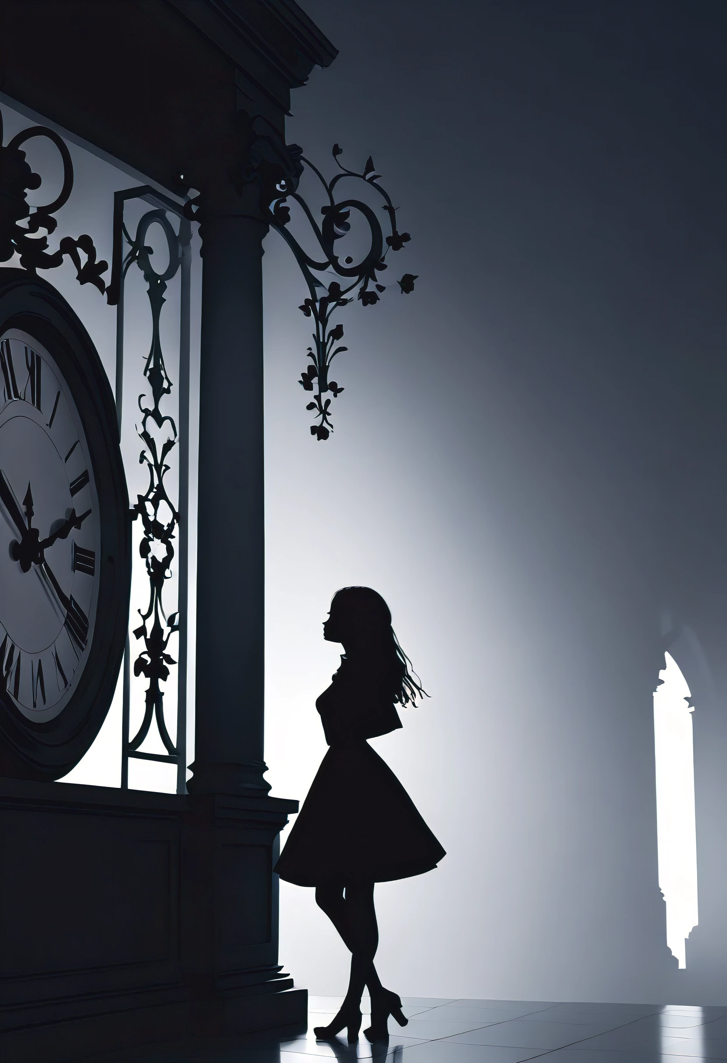 (Masterpiece in maximum 16K resolution:1.6), ((darkest_insane_silhouette_illustration):1.2),(intricate detail:1.4), (extremely insane detail:1.4),(highest quality:1.3),(Hyper_realistic:1.3). | Black and white, silhoutte art, female figure, elegant pose, flowing hair, graceful curves, subtle details, minimalistic background, soft lighting, delicate features, captivating composition, expressive eyes, slender silhouette, artistic interpretation. | ((silhoutte_of_pretty_girl_waiting under a clock):1.5), ((waiting pose):1.2), falling flower petals background, each flower petals detailed and rendered with a masterful gouache technique, silhoutte art behance,surreal, It gives a romantic aura. | (perfect_fingers:1.0), (perfect_legs:1.0), better_hands, More_Detail.