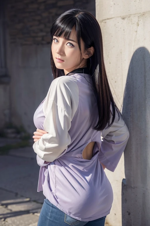 (highest quality,super detailed,realistic:1.37),Naruto's Hinata,beautiful and fine eyes,Soft facial features,porcelain skin,long silky black hair,slightly bigger breasts,tightly tied forehead protector,calm expression,casual clothes,white and lavender color palette,Subtle shading and highlight effects,Dynamic and vivid background,studio lighting,artistic rendering style,Bright colors,Castle town in the background,Pose that emphasizes the buttocks,