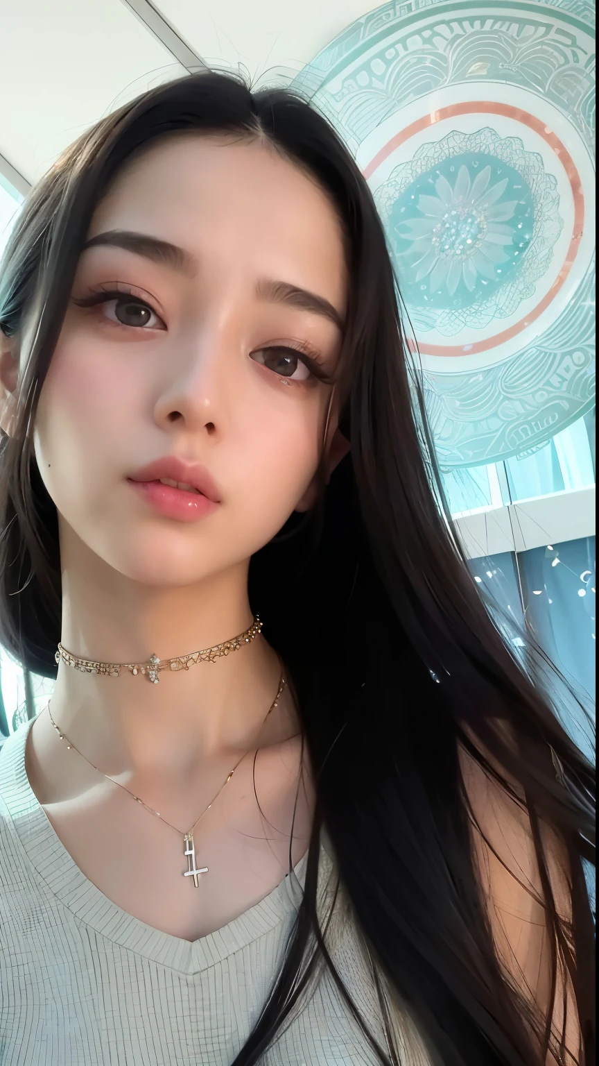 a close up of a woman with long hair wearing a necklace, 8k selfie photograph, gorgeous chinese model, dilraba dilmurat, gorgeous young korean woman, young cute wan asian face, young adorable korean face, lovely delicate face, beautiful south korean woman, 8k artgerm bokeh, wan adorable korean face, beautiful young korean woman, beautiful asian girl