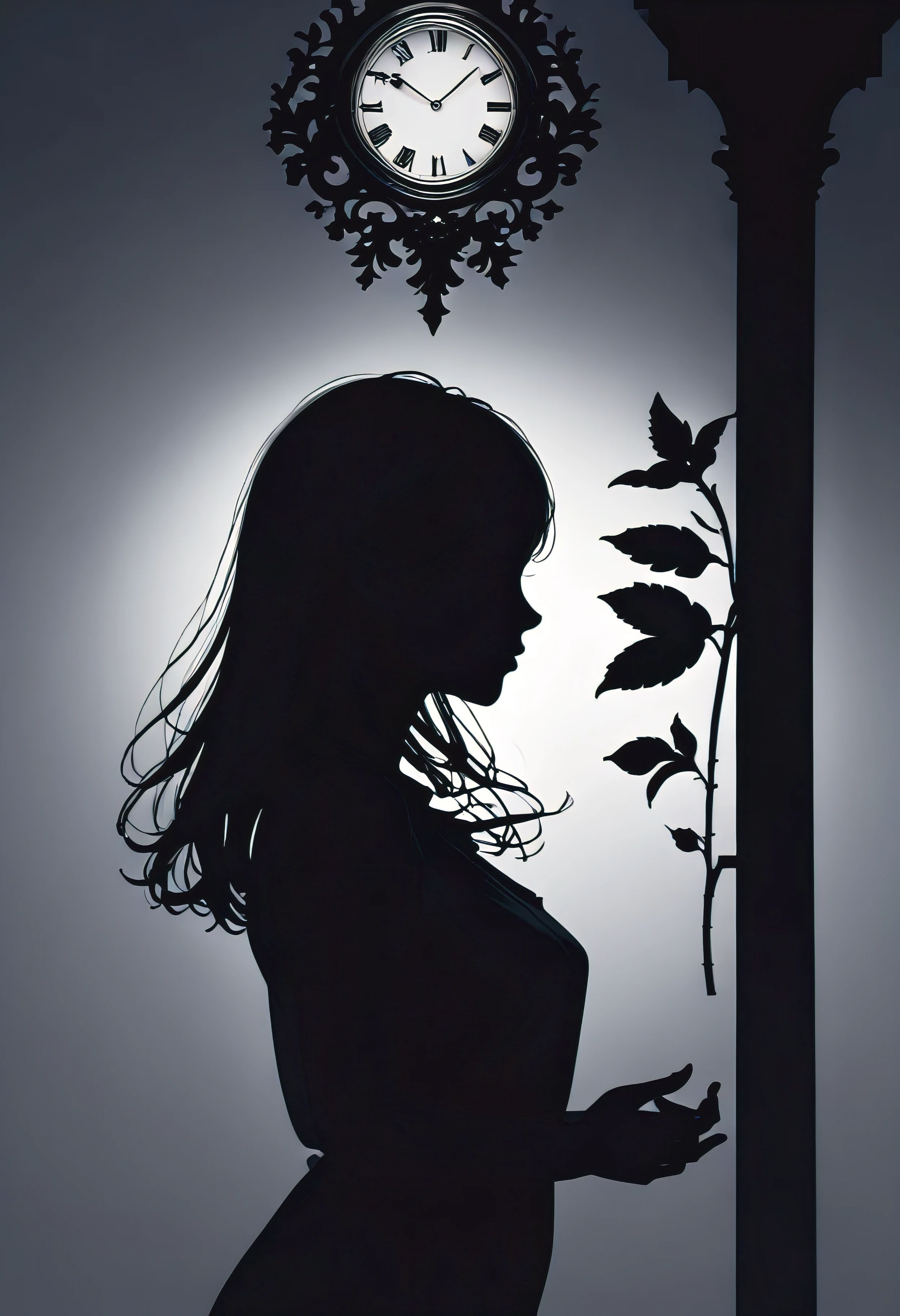 (Masterpiece in maximum 16K resolution:1.6), ((darkest_insane_silhouette_illustration):1.2),(intricate detail:1.4), (extremely insane detail:1.4),(highest quality:1.3),(Hyper_realistic:1.3). | Black and white, silhoutte art, female figure, elegant pose, flowing hair, graceful curves, subtle details, minimalistic background, soft lighting, delicate features, captivating composition, expressive eyes, slender silhouette, artistic interpretation. | ((silhoutte_of_pretty_girl_waiting under a clock):1.5), ((waiting pose):1.2), ((withered flower background):1.1), each flower detailed and rendered with a masterful gouache technique, silhoutte art behance,surreal, It gives a romantic aura. | (perfect_fingers:1.0), (perfect_legs:1.0), better_hands, More_Detail.