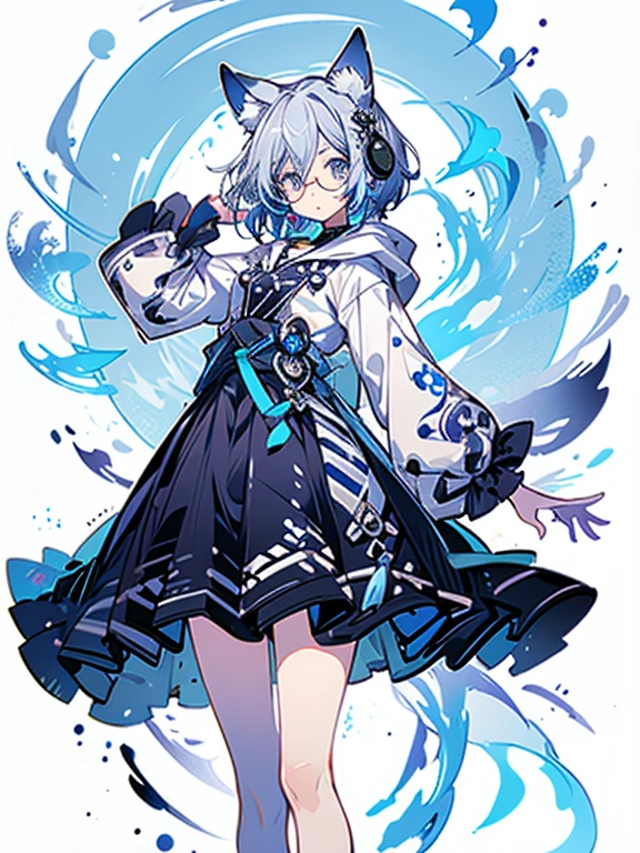 8K high quality、((first-class))、((masterpiece))、((Super detailed))、1 female、solo、outrageously absurd、oversized hoodie、headphones、street、Exterior light、Rain at night、neon、short cut hair、light colored eyes、put one&#39;s hand in one&#39;s pocket、skirt、Water dripping、blue hair gradient purple、bob hair、Glasses、Cat ear、animal ears、Sparkling eyes

