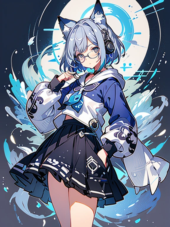 8K high quality、((first-class))、((masterpiece))、((Super detailed))、1 female、solo、outrageously absurd、oversized hoodie、headphones、street、Exterior light、Rain at night、neon、short cut hair、light colored eyes、put one's hand in one's pocket、skirt、Water dripping、blue hair gradient purple、bob hair、Glasses、Cat ear、animal ears、Sparkling eyes