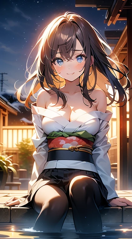 ((masterpiece, best quality, high resolution, ultra high definition, Pixel perfect, depth of field, 4K, RTX, human development report))), 1girl in, single, alone, Beauty、see whole body、 ((long hair, Short Liuhai, reddish brown hair)), ((blue eyes, beautiful eyelashes, realistic eyes)), ((Detailed face, blush:1.2)), ((smooth texture:0.75, lifelike质感:0.65, lifelike:1.1, Anime CG style)), medium , Perfect body, (( Japanese kimono, bare shoulders ,Black tights)), Smile, Charming sitting posture, Hot springs (wind blows hair,bare shoulders、exposing her chest、Black tights) , It snows at night , hot spring naked b