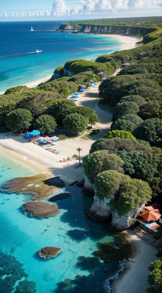High above the azure waters, a high-altitude drone captures a breathtaking panoramic view of a stunning tropical beach. The sandy shore stretches endlessly, dotted with a few sunbathers basking under the warm sun and seeking shade beneath vibrant sun umbrellas. The crystal-clear water gently caresses the shoreline, inviting swimmers and surfers alike. This picturesque scene, captured in exquisite detail, immerses the viewer in the paradise-like setting, evoking a sense of tranquility and awe.