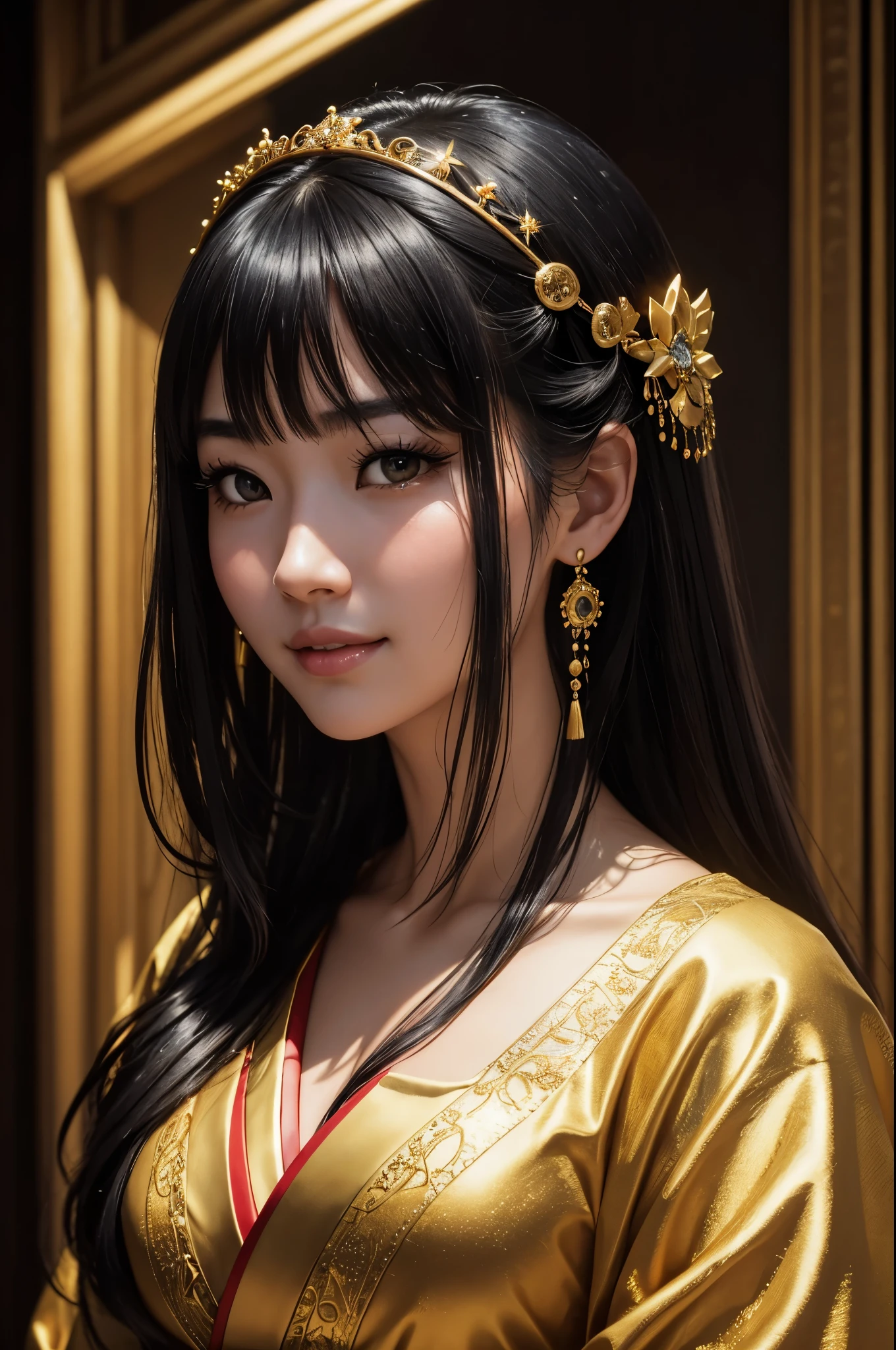 (8K,Photoreal born写真 highest quality;1.4) 1 mature female,Super beautiful(lifelike face) ,(long black hair),Gorgeous Japanese women's traditional costumes,seduce the viewer,beautiful expression,moist black eyes,Queenのメイクアップ,(Queen),Charm,small breasts,Golden decoration,Super high resolution,surreal,high details,rich colors, Backlight, cinematic lighting, film grain, born, 50mm lens, Nikon D850,smile,Super realistic,highest qualityのフォトリアリスティックなRAW写真。Bright colors,perfect woman image,fantasy art,character art,background,A room in a big mansion,