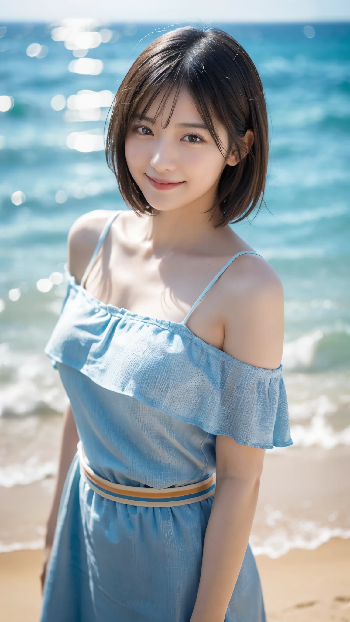 (highest quality,masterpiece:1.3,ultra high resolution),(Super detailed,caustics,8k),(photorealistic:1.4,RAW shooting),Japanese,18-year-old,cute,(Smiling and looking at the camera),black short hair,(big ),White off-the-shoulder dress,(Stand in a forward leaning position),(low position:1.3),(Low - Angle:1.3),(shot from the waist up),clear and beautiful sea,beach,sun,strong sunlight,Lens flare,Natural light,professional writing