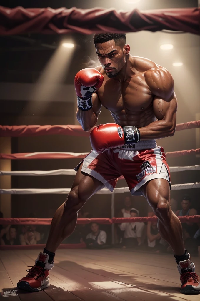 (digital painting)、(highest quality)、male, The boxer stands glaring at his opponent、I put my arms down and quietly wait for the moment., 8K Ultra Real、boxing clothes, brown skin, white breath, Sweat, steam, Spotlight
